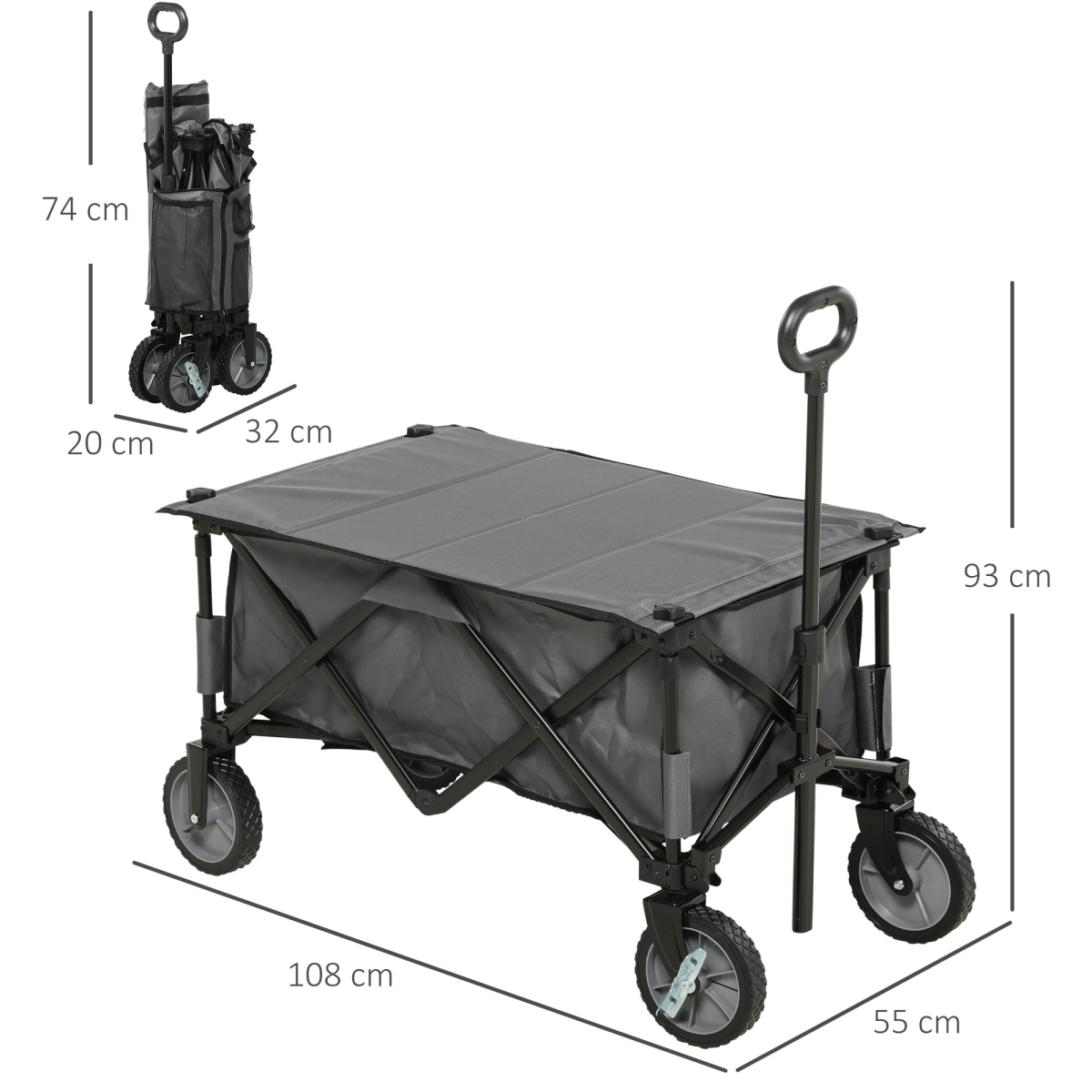 Folding Garden Trolley – Collapsible Camping Wagon with Steel Frame & Cover, Dark Grey
