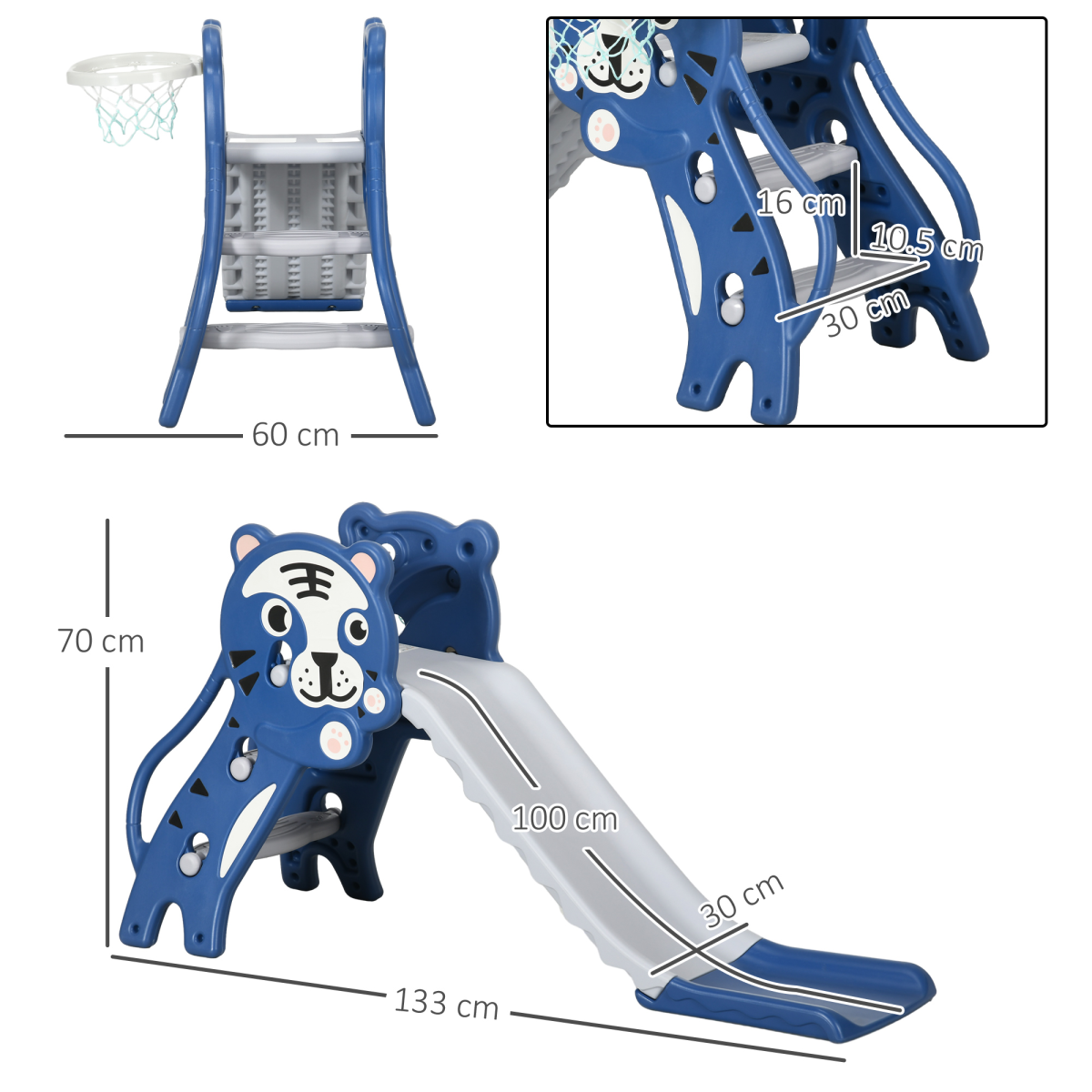 AIYAPLAY Kids Slide with Basketball Hoop & Ball – Blue Tiger Theme for Ages 18–36 Months