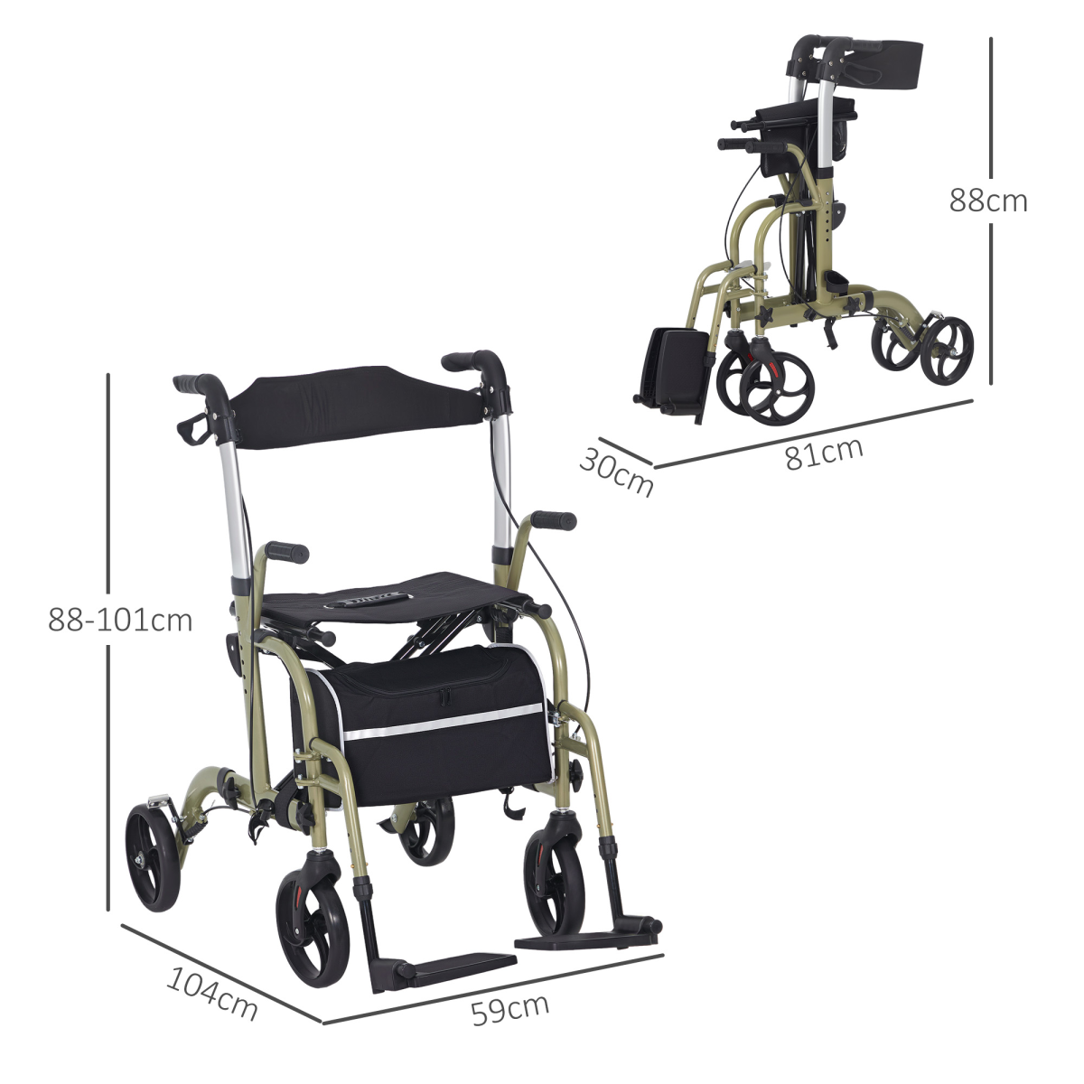 2-in-1 Wheelchair & Folding Rollator Walker with Seat, Lightweight Aluminium, Yellow-Green