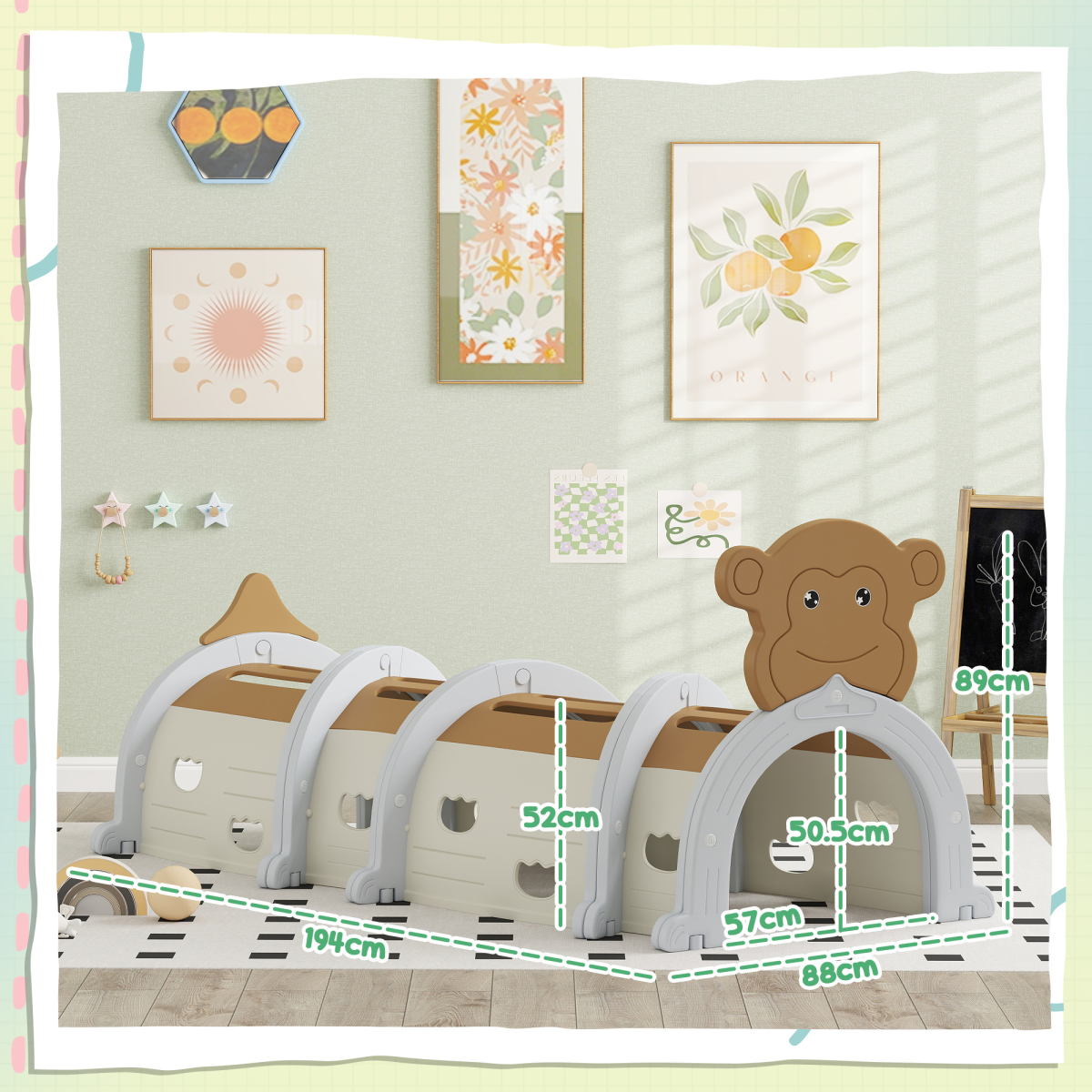 AIYAPLAY Kids Play Tunnel – Monkey Design Crawl & Climb Toy, Indoor/Outdoor, Brown