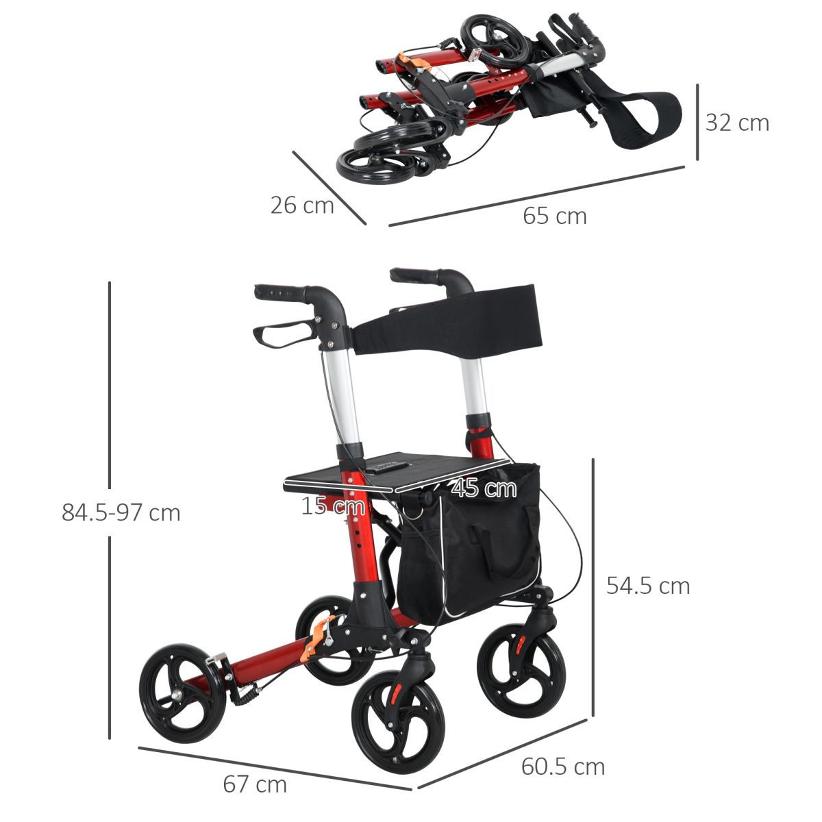 Lightweight 4-Wheel Rollator Walker with Seat, Bag & Dual Brakes – Adjustable Height (Red)