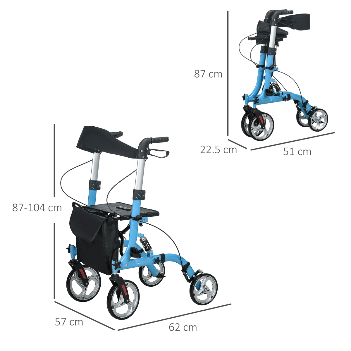 Lightweight 4-Wheel Rollator Walker with Seat, Bag & Dual Brakes – Adjustable Height (Blue) - All Round Fitness