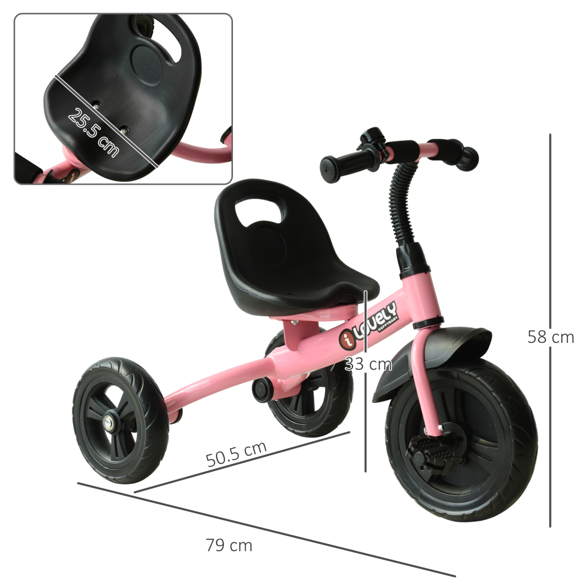 Toddler Tricycle Ride-On Trike with Adjustable Seat & Bell – 3-Wheel Kids Bike 18+ months (Pink)