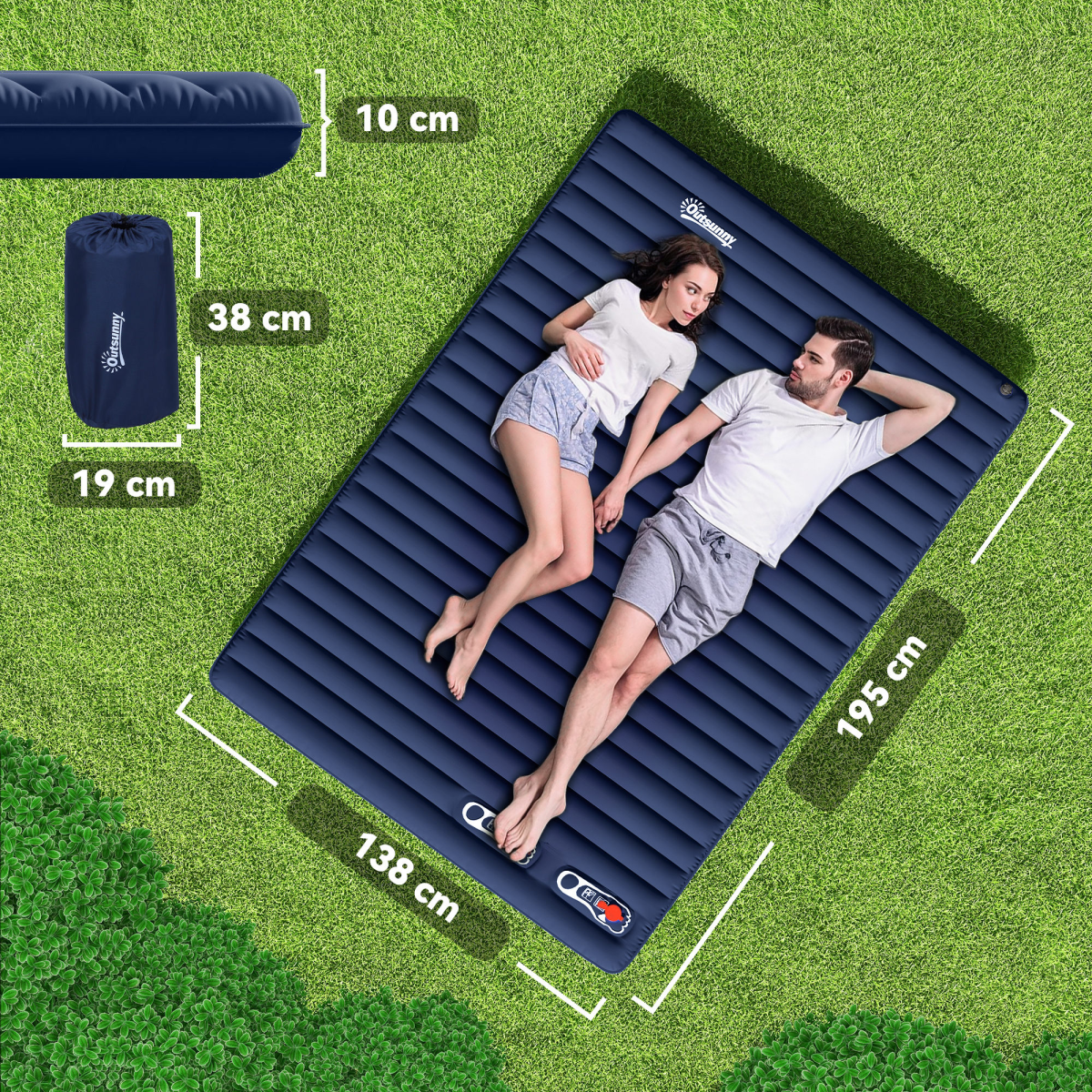 Double Inflatable Camping Mattress with Foot Pump & Carry Bag, Navy