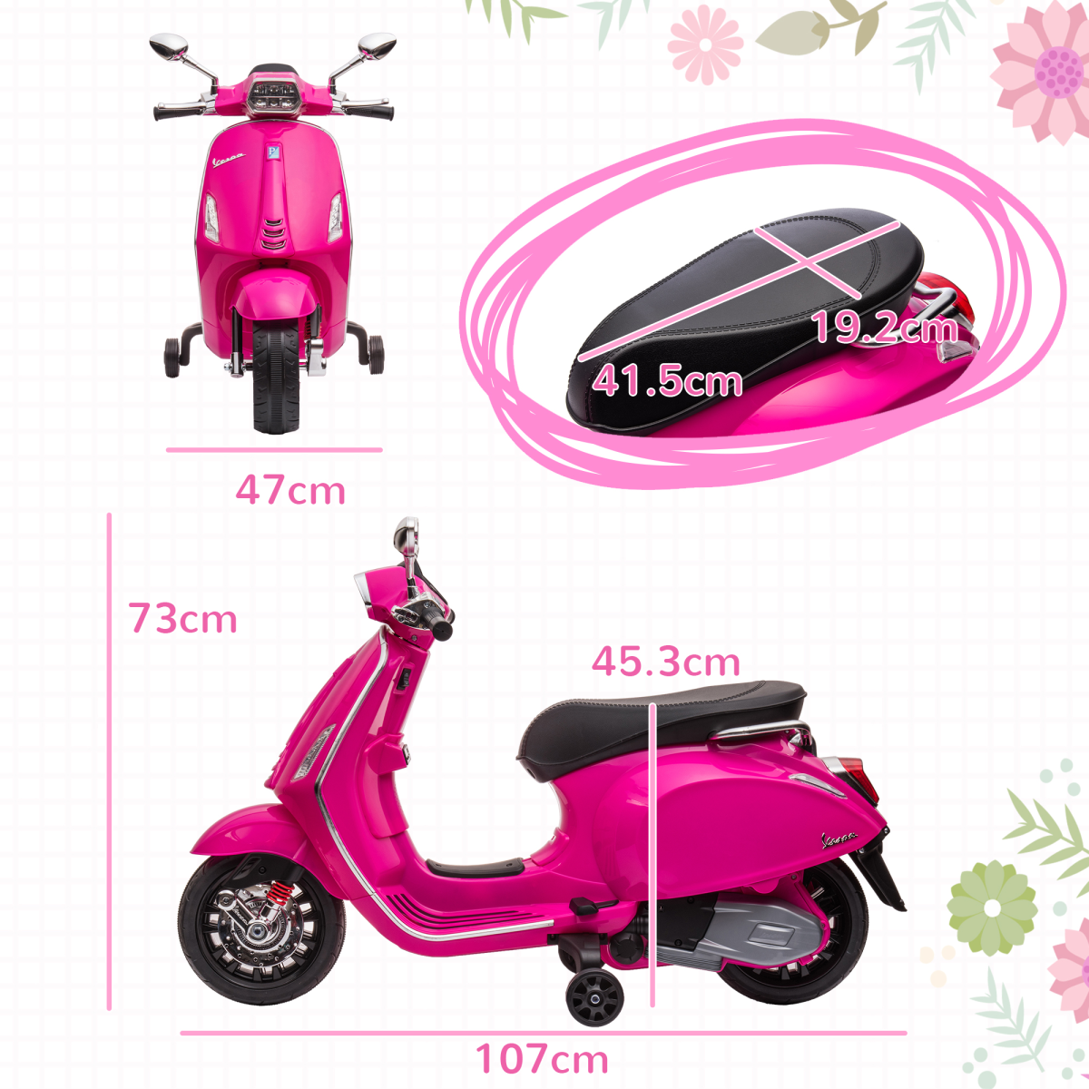 Licensed Vespa 12V Kids Electric Ride-On Motorbike with Training Wheels – Pink
