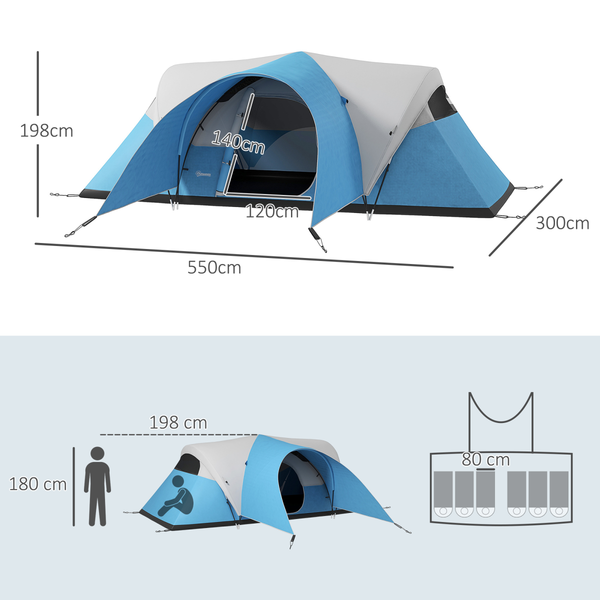 Outsunny 5-6 Person Waterproof Family Camping Tent with Porch & Groundsheet – 3000mm Rain Protection, Blue