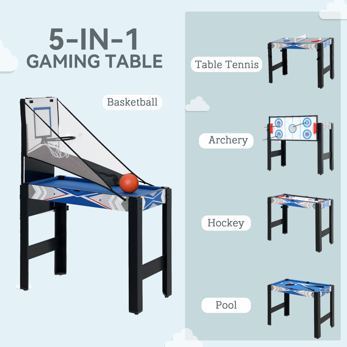 SPORTNOW 5-in-1 Multi Games Table Combo – Pool, Table Tennis, Archery, Hockey & Basketball – Blu