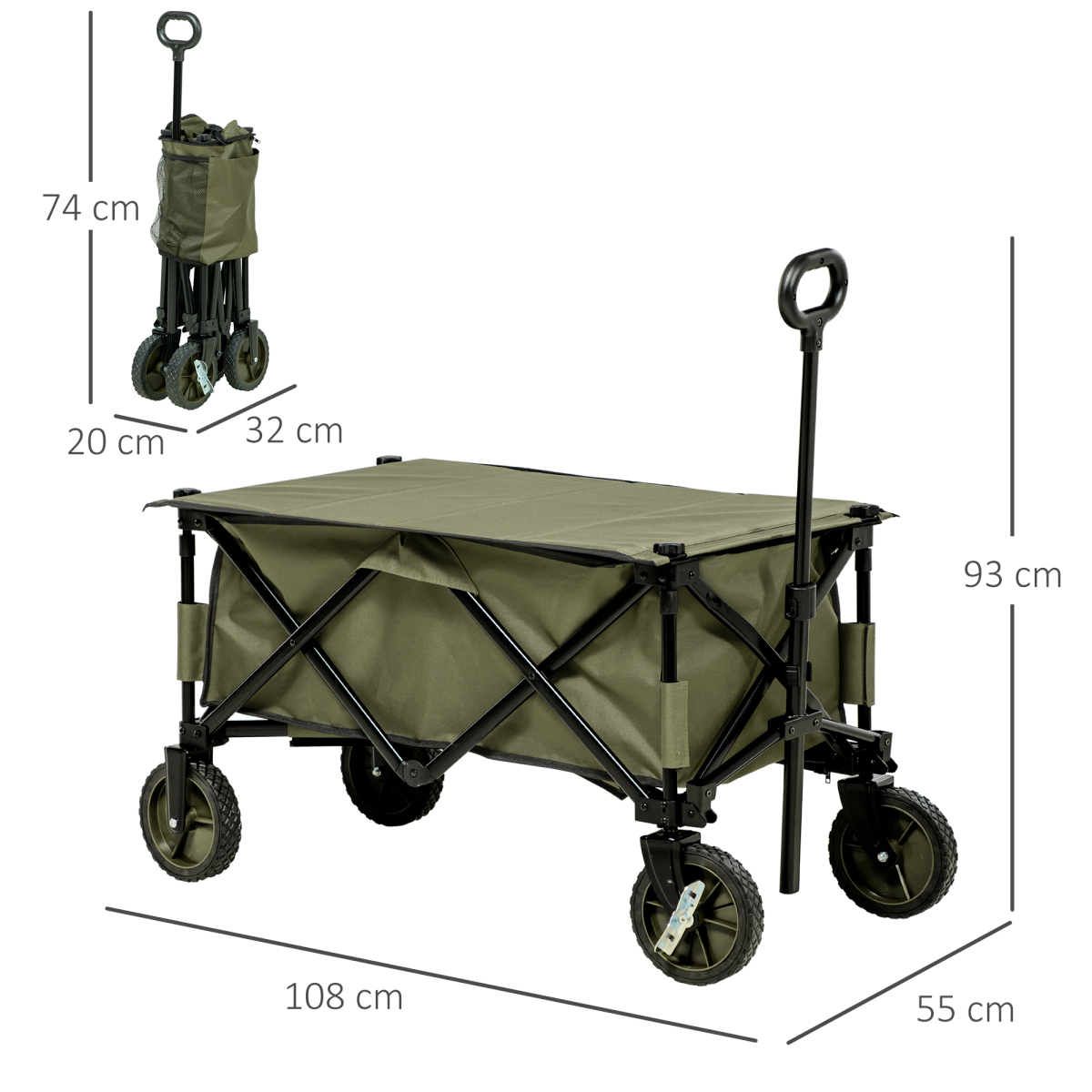 Folding Garden Trolley – Collapsible Utility Cart with Cover & Pockets, 100kg Load, Khaki Green