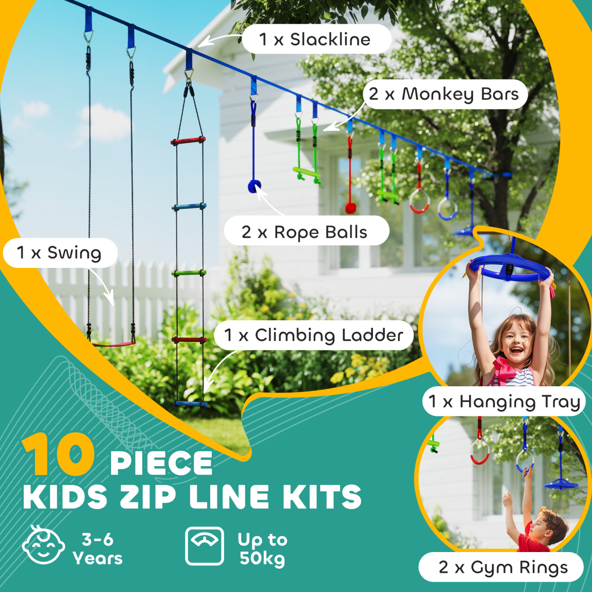 AIYAPLAY Multicoloured Kids Zipline Kit with Monkey Bars, Rings & Rope Ladders – Outdoor Adventure Playset
