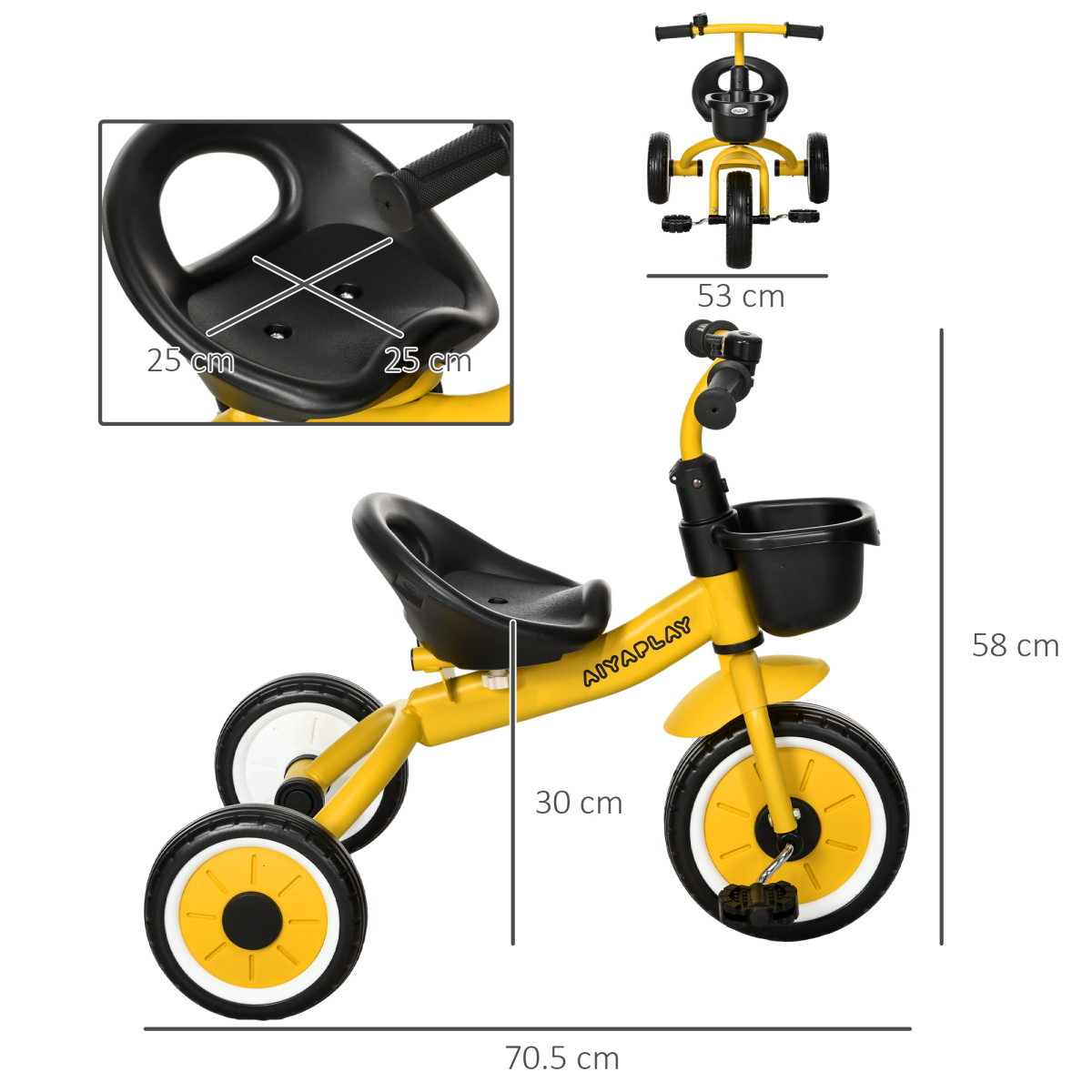 AIYAPLAY Trike with Adjustable Seat & Basket – Kids Tricycle for 2-5 Years (Yellow)