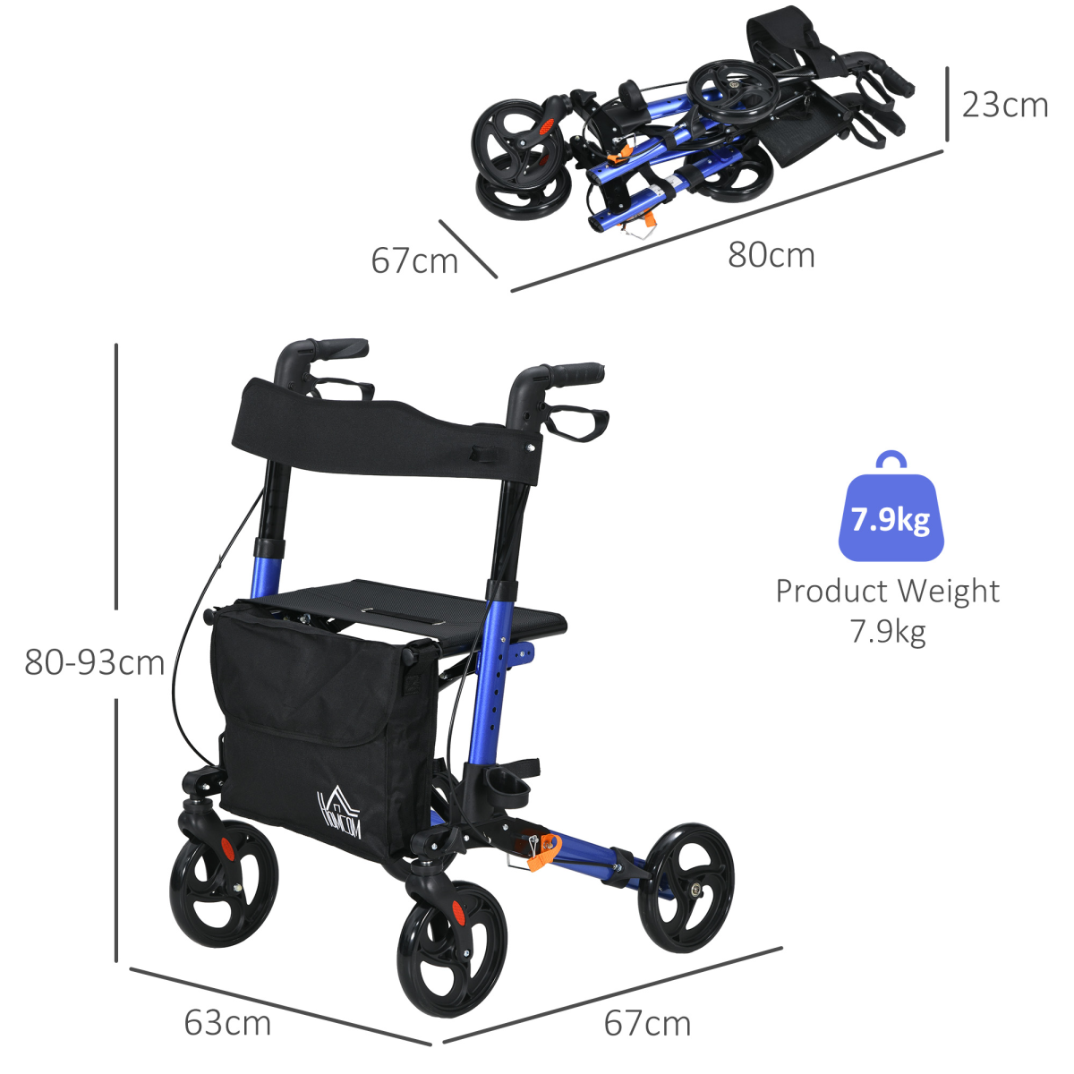 HOMCOM 4 Wheel Rollator Walker with Seat, Adjustable Mobility Walker with Bag, Blue Frame
