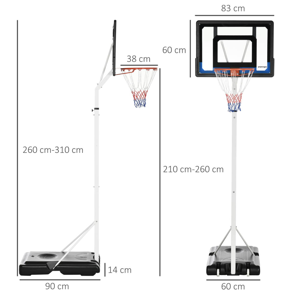 Adjustable Basketball Hoop and Stand 2.1–2.6m with Weighted Base & Wheels – White