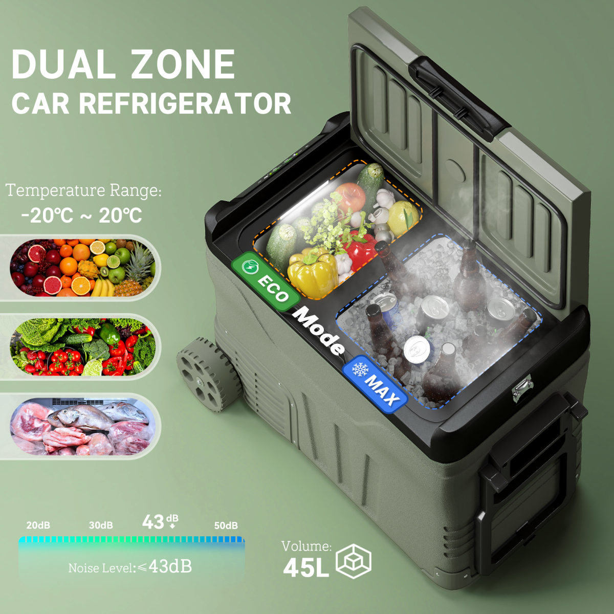 45L Portable Camping Fridge Freezer with Dual Zone, Car & Home Use, -20℃ to 20℃
