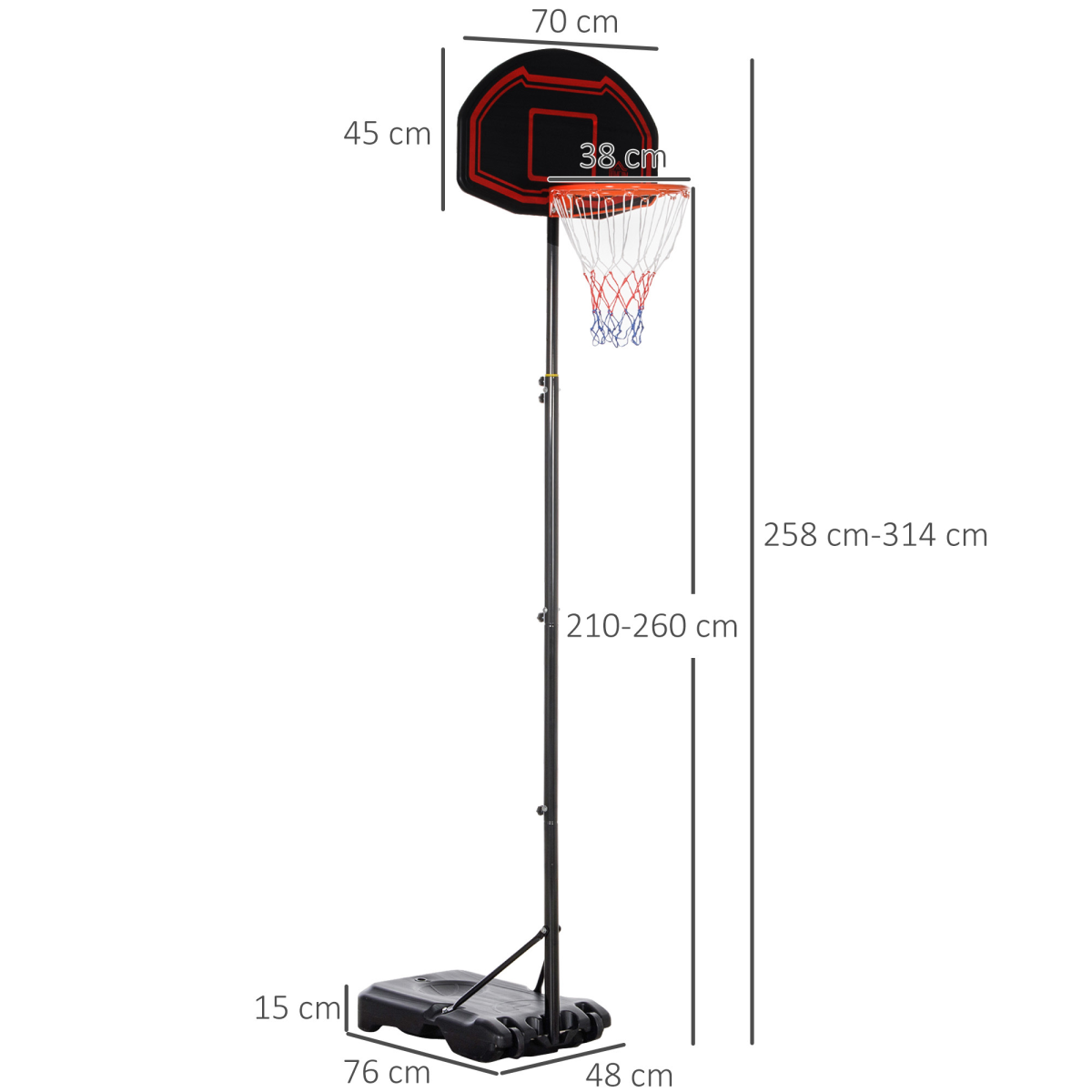 Adjustable Basketball Hoop Stand with Wheels & Fillable Base – 210-260cm