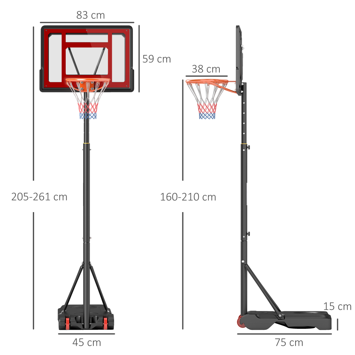 Portable Basketball Hoop Stand with Adjustable Height 160–210cm, Sturdy Base & Wheels