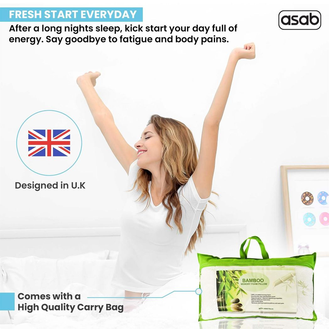 Pack of 2 – Bamboo Memory Foam Pillows with Removable Cooling Covers | Hypoallergenic & Orthopaedic Support - All Round Fitness