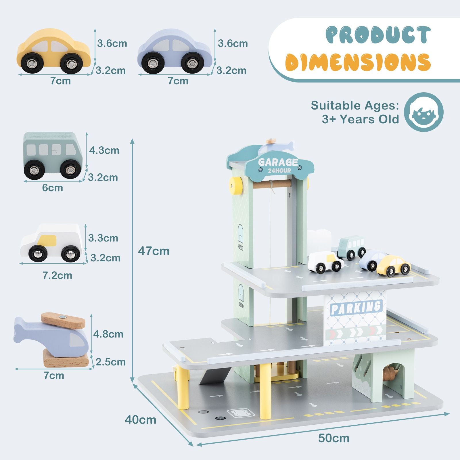 3-Layer Wooden Toy Garage Playset with 4 Cars & Helicopter | Kids Parking Garage with Elevator, Car Wash & Gas Station