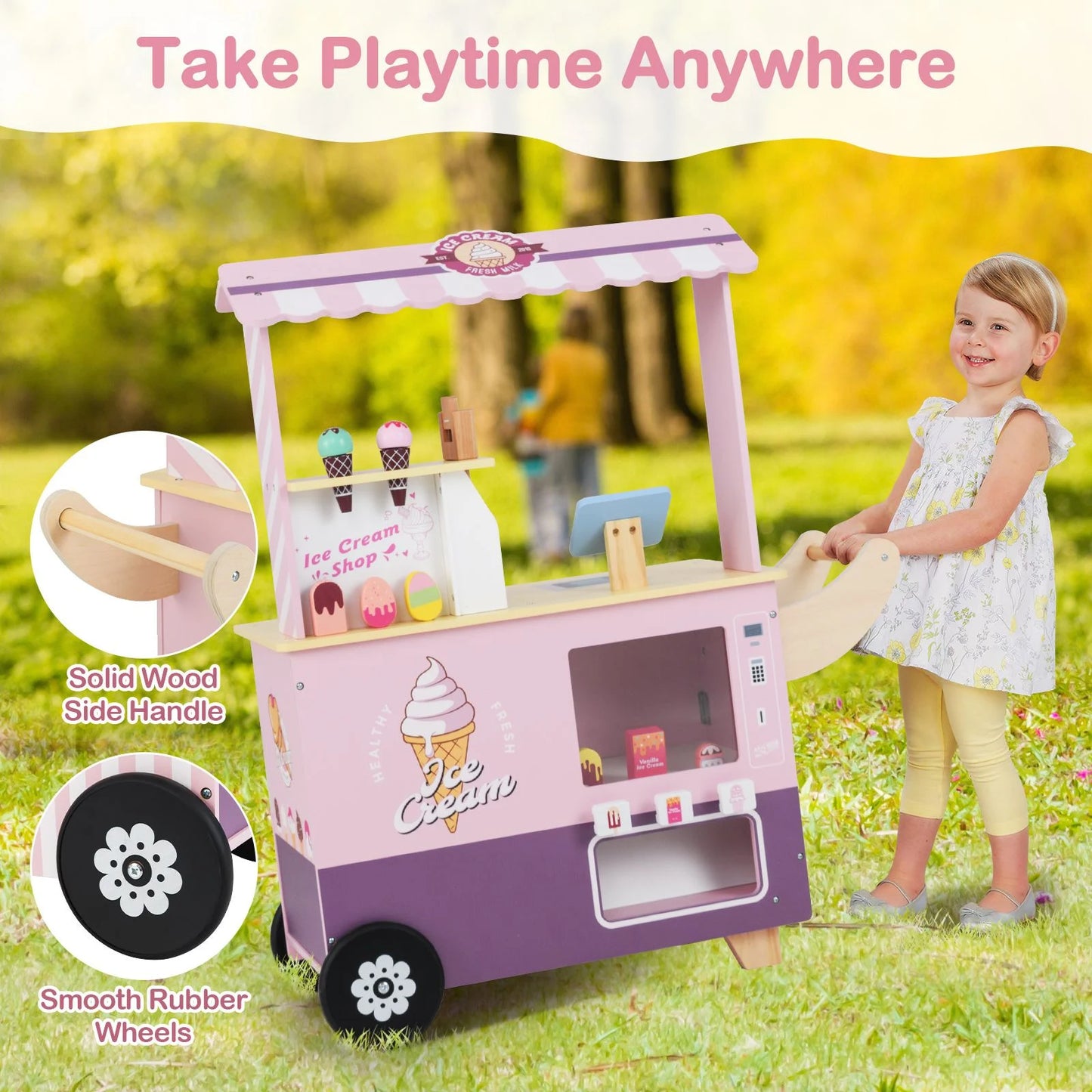 Wooden Kids Ice Cream Cart Pretend Play Set | Toddler Ice Cream Truck with Vending Machine & Accessories | Montessori Role Play Toy Ages 3+