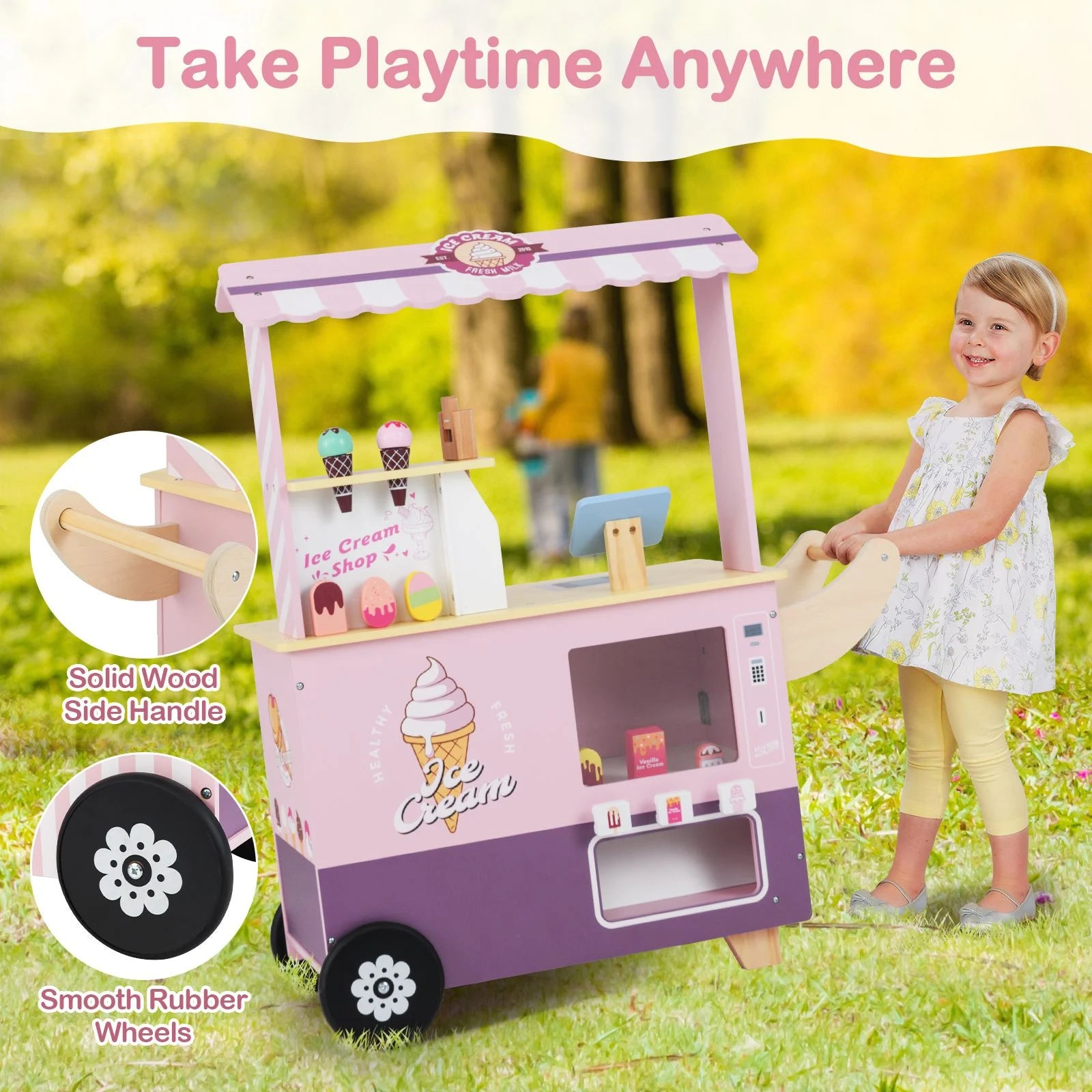 Wooden Kids Ice Cream Cart Pretend Play Set | Toddler Ice Cream Truck with Vending Machine & Accessories | Montessori Role Play Toy Ages 3+