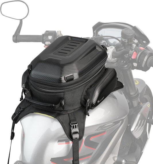 Hard Shell Motorcycle Tank Bag | Waterproof Expandable 15–18L Motorbike Seat & Tail Bag with Rain Cover & Backpack Straps – Carbon Black