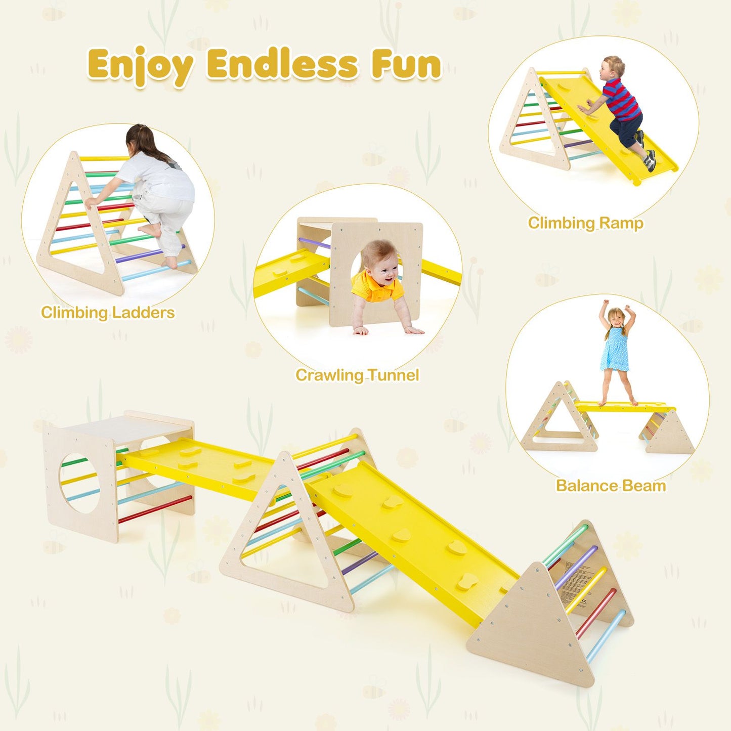 6-in-1 Wooden Toddler Climbing Set | Montessori Triangle Climber, Cube & Slide for Indoor Play