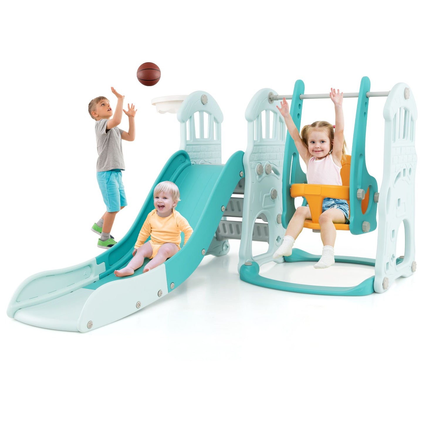 4-in-1 Toddler Slide and Swing Set with Extended Foldable Slide
