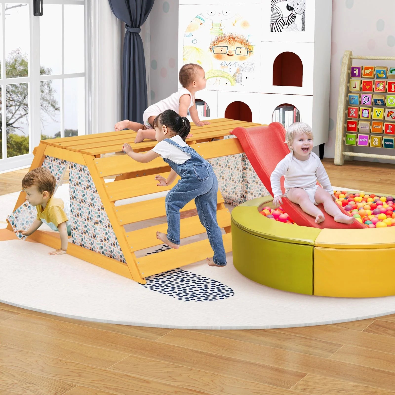 5-in-1 Wooden Jungle Gym with Slide, Climbing Wall & Rope Ladder | Indoor & Outdoor Montessori Playset for Kids Ages 3–8