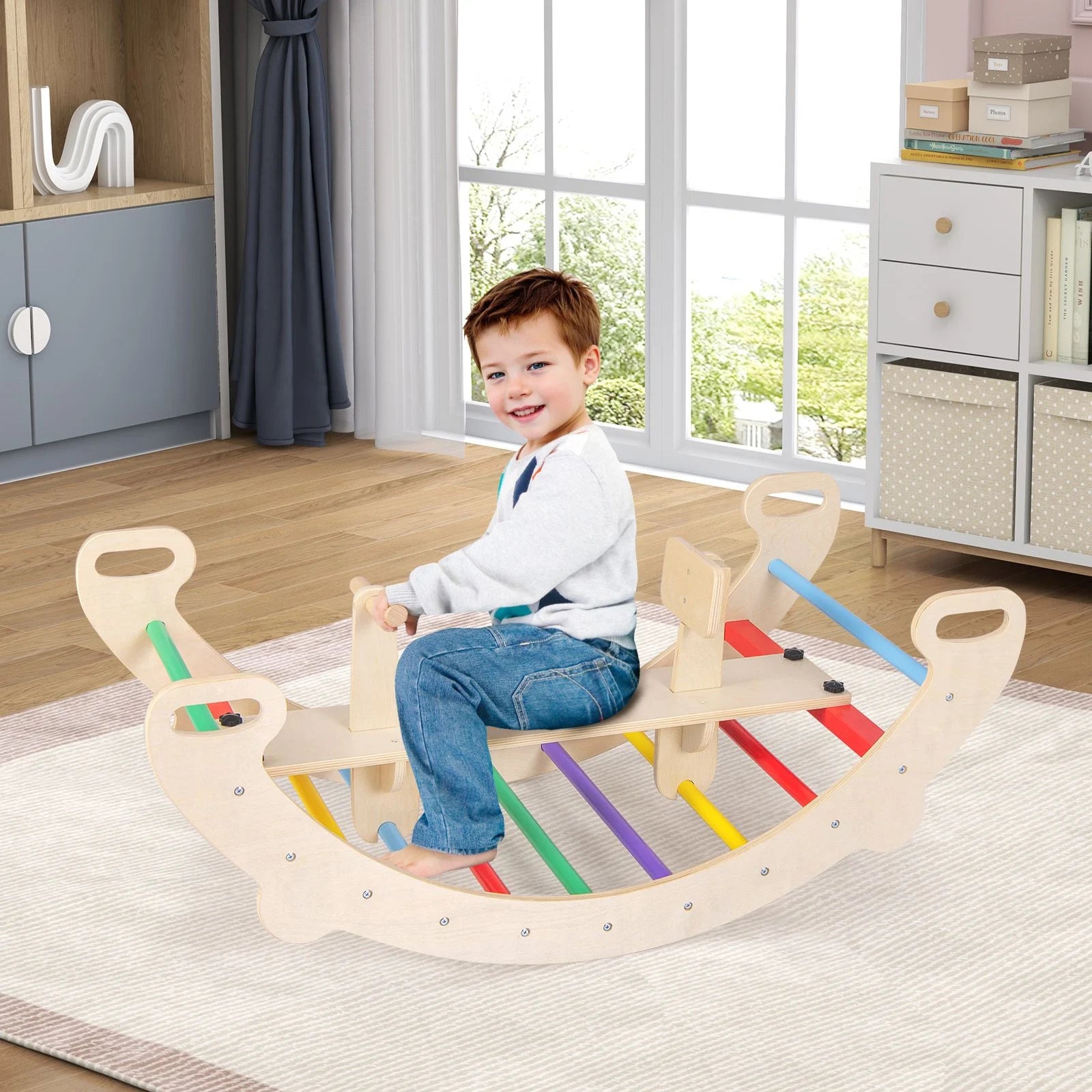4-in-1 Montessori Wooden Rocking Horse & Climbing Arch for Toddlers | Balance Trainer, Rocker, Tunnel & Chair | Ages 1–5