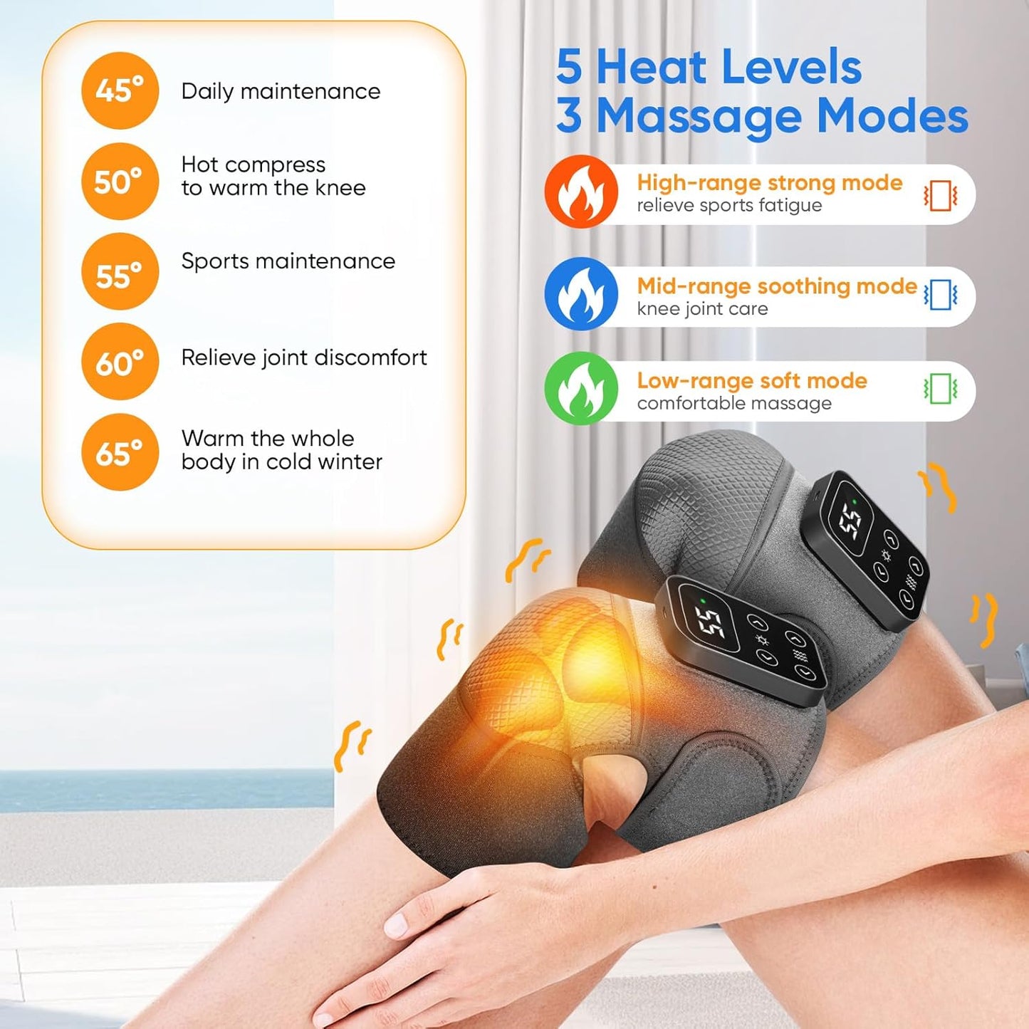Cordless Heated Knee Massager with Vibration – Rechargeable 3-in-1 Knee, Shoulder & Elbow Wrap | 5 Heat Levels, 3 Vibration Modes, Adjustable Straps for Joint Pain, Muscle Strain & Arthritis Relief – Grey