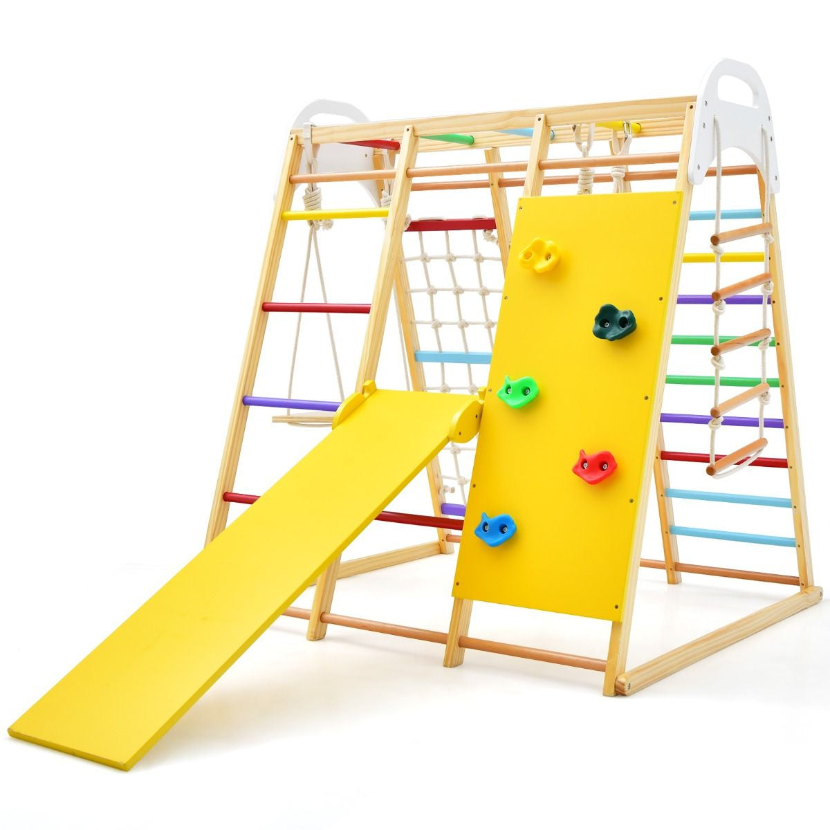 8-in-1 Wooden Jungle Gym Climber Playset with Slide, Swing & Monkey Bars | Indoor Kids Play Tower