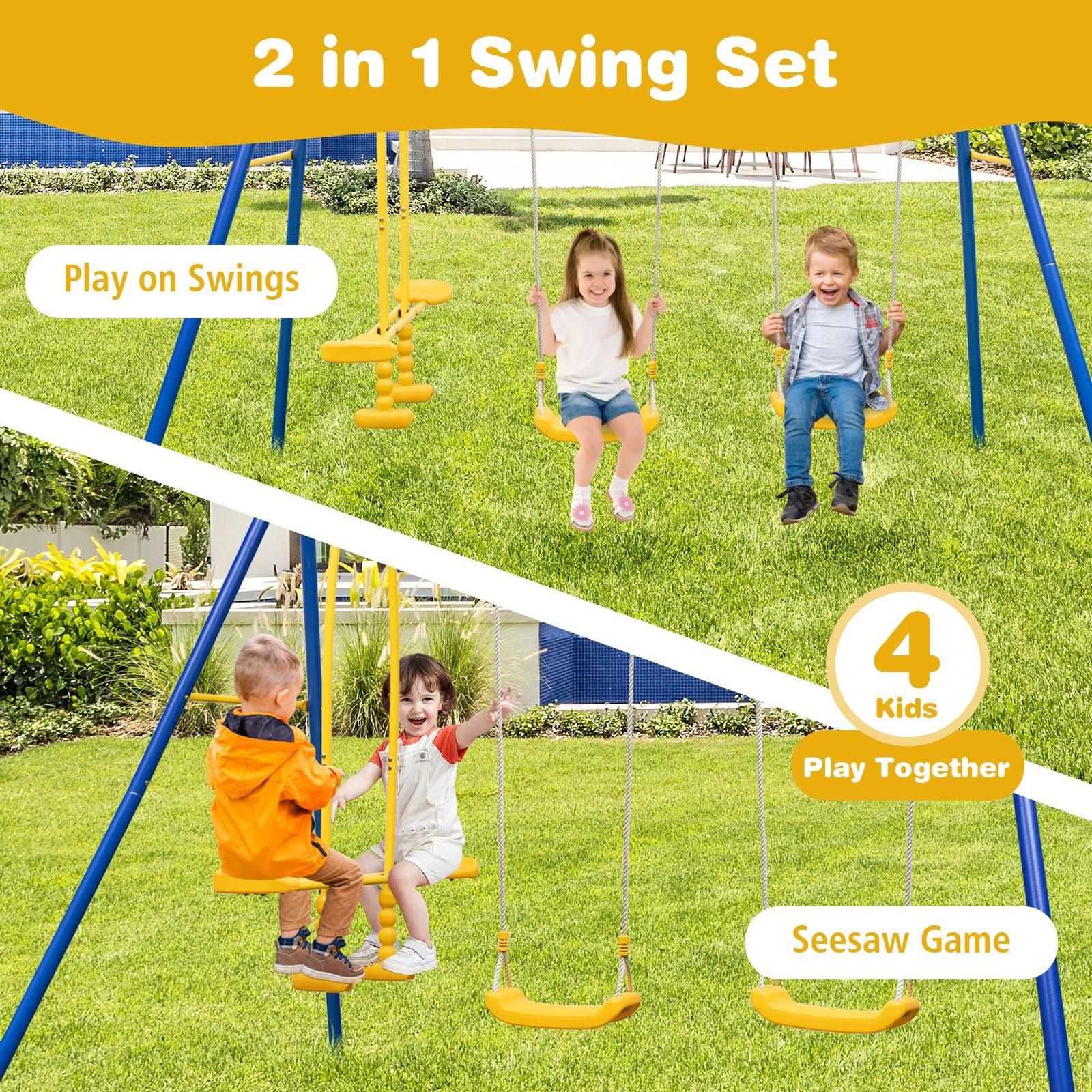 Heavy-Duty Kids Outdoor Swing & Glider Playset – 4-Seat Metal Frame Swing Set for Children Aged 3–12 | Adjustable Swings, Double Glider, Ground Stakes Included