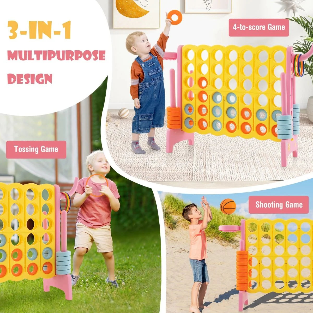 Upgraded 4-To-Score Game Set with Basketball Hoop & Toss Rings – Fun Family Game for Kids & Adults