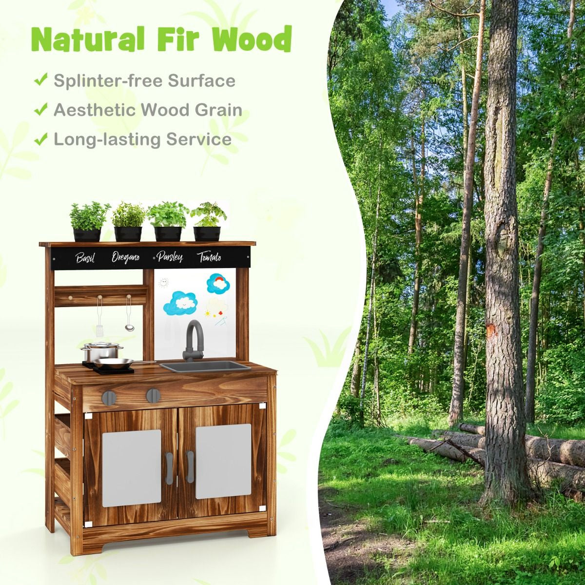Mud Kitchen Fir Wood Play Kitchen with Planting Pots & Removable Sink