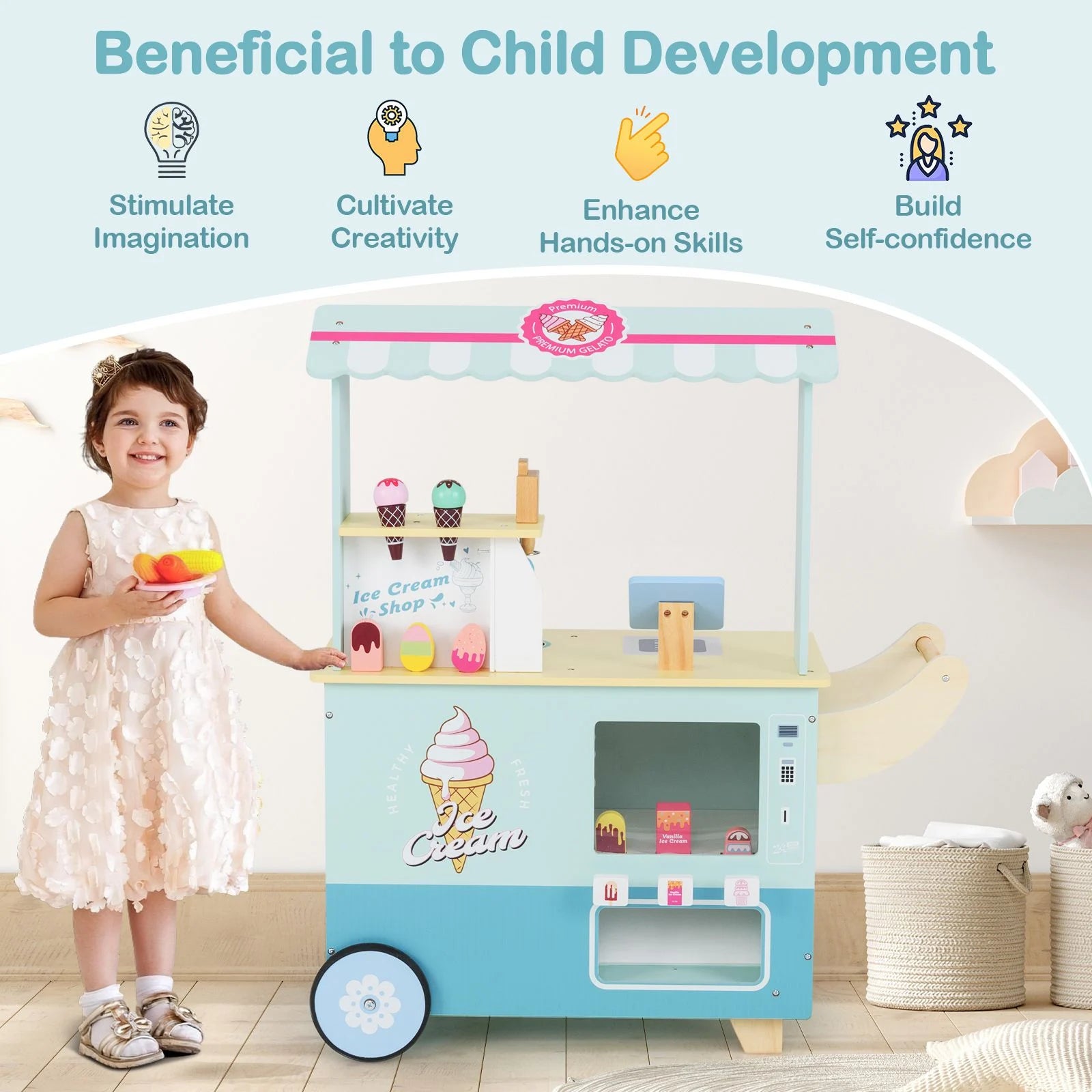 Wooden Kids Ice Cream Cart Pretend Play Set | Toddler Ice Cream Truck with Vending Machine & Accessories | Montessori Role Play Toy Ages 3+
