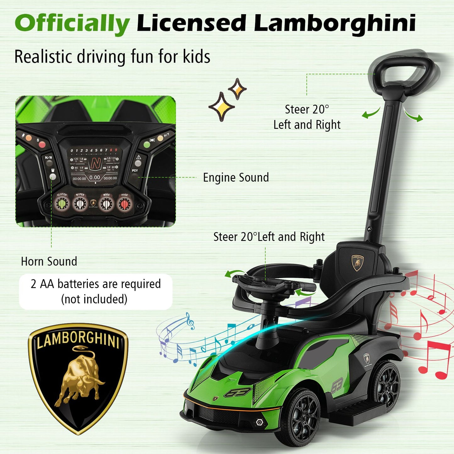 Licensed Lamborghini Ride-On Car for Kids with Push Handle