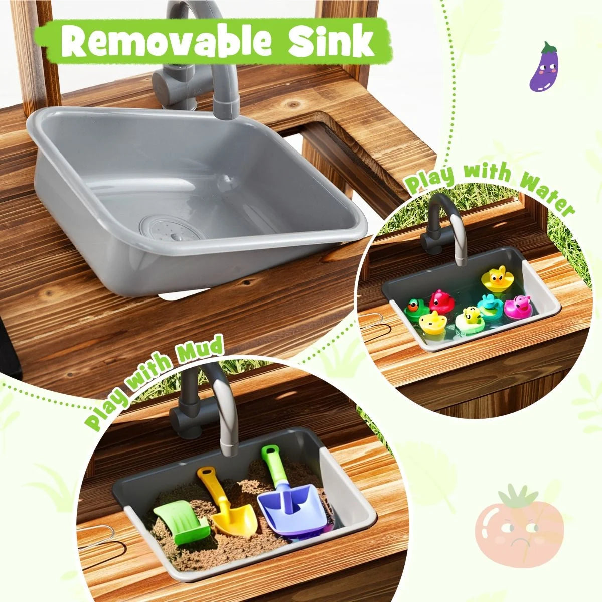 Mud Kitchen Fir Wood Play Kitchen with Planting Pots & Removable Sink