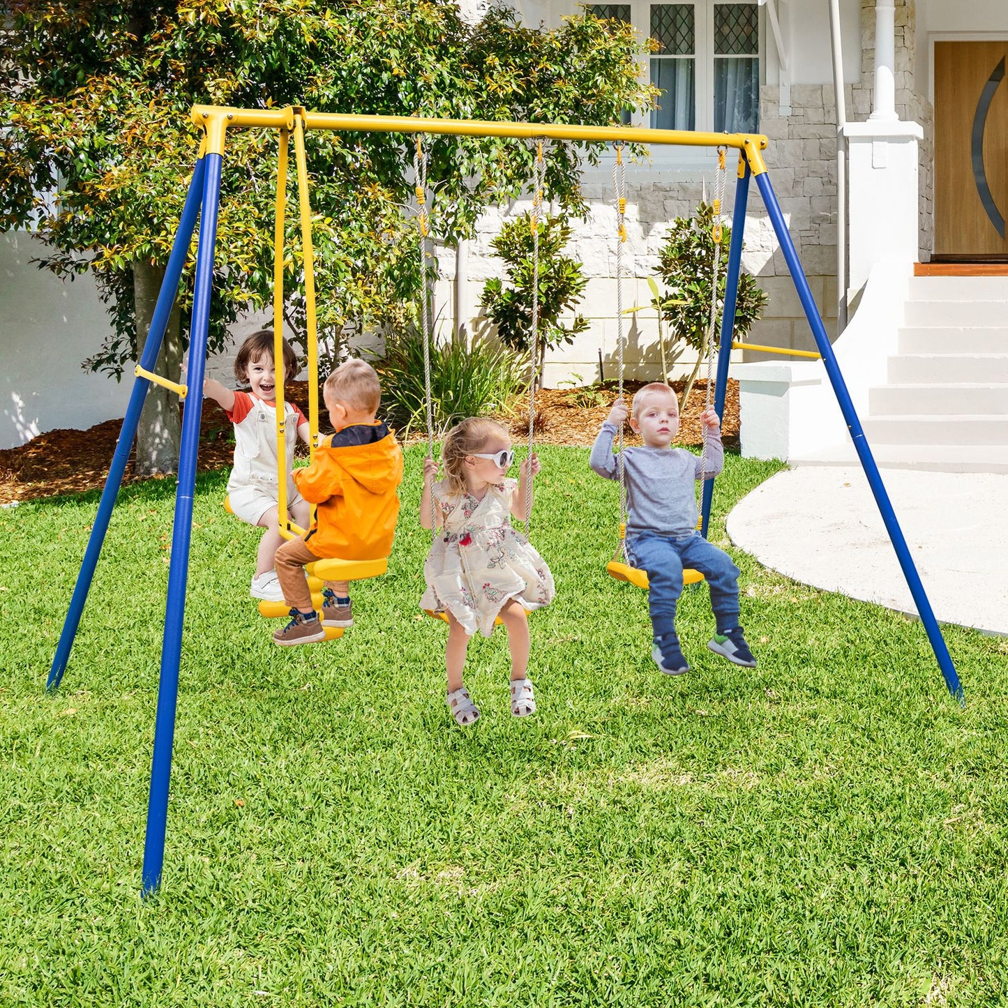 Heavy-Duty Kids Outdoor Swing & Glider Playset – 4-Seat Metal Frame Swing Set for Children Aged 3–12 | Adjustable Swings, Double Glider, Ground Stakes Included