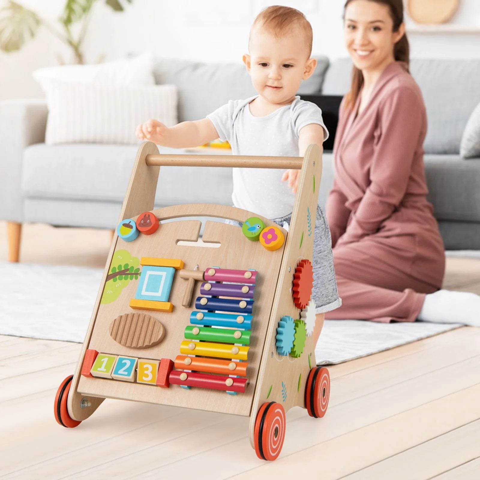 Wooden Baby Walker with Activity Center, Xylophone & Shape Sorters | Montessori Push Walker with Storage