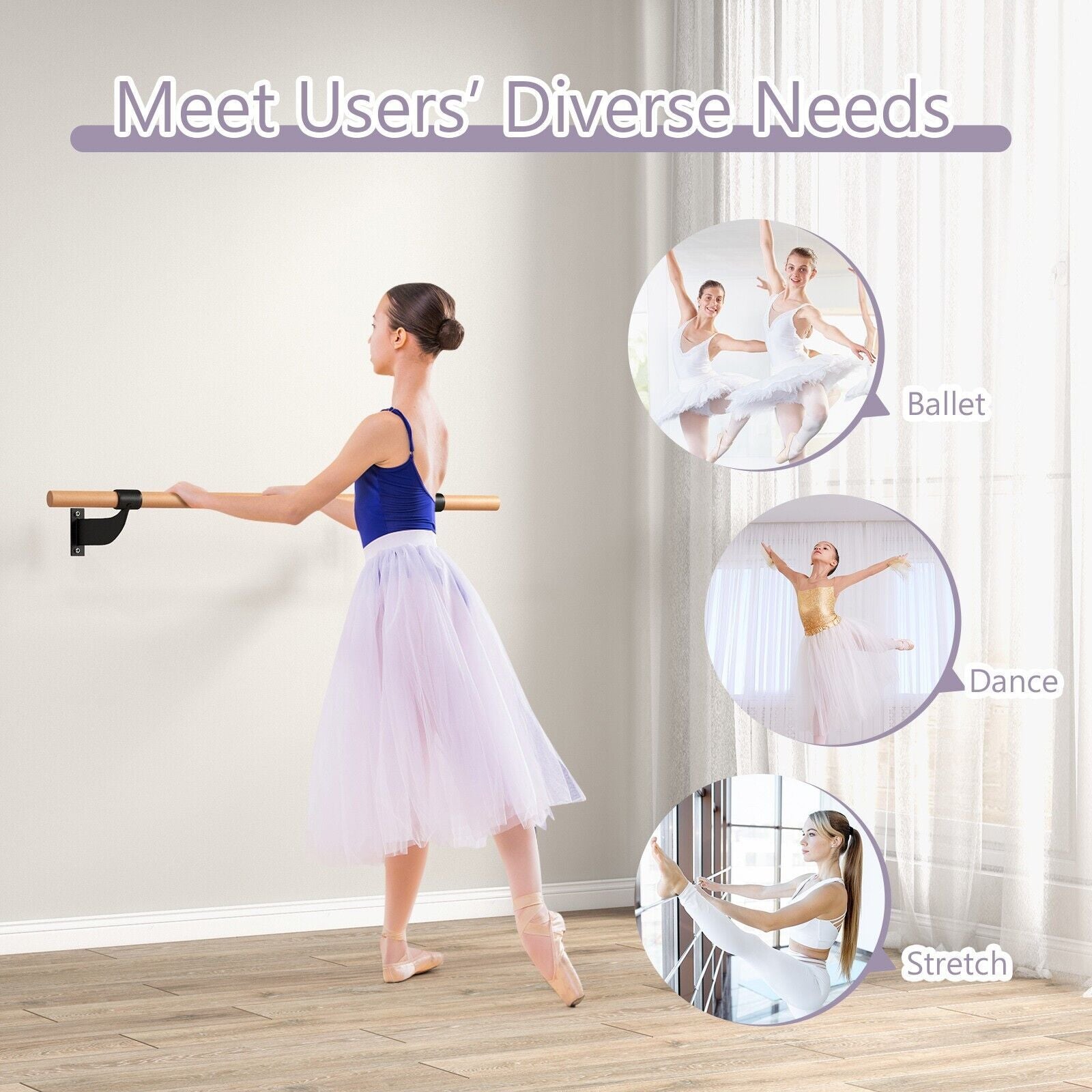 120CM Wall-Mounted Beech Wood Ballet Barre