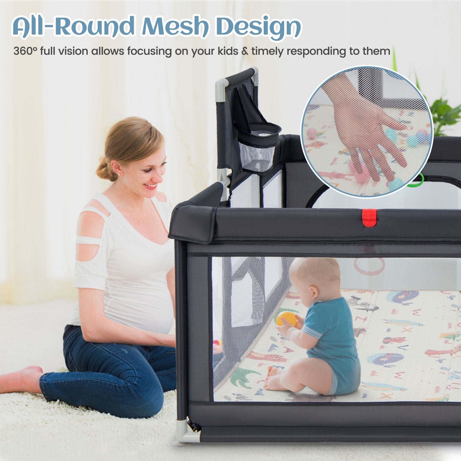 Large Baby Playpen with Safety Mat, Basketball Hoop & 50 Ocean Balls | Indoor & Outdoor Activity Centre