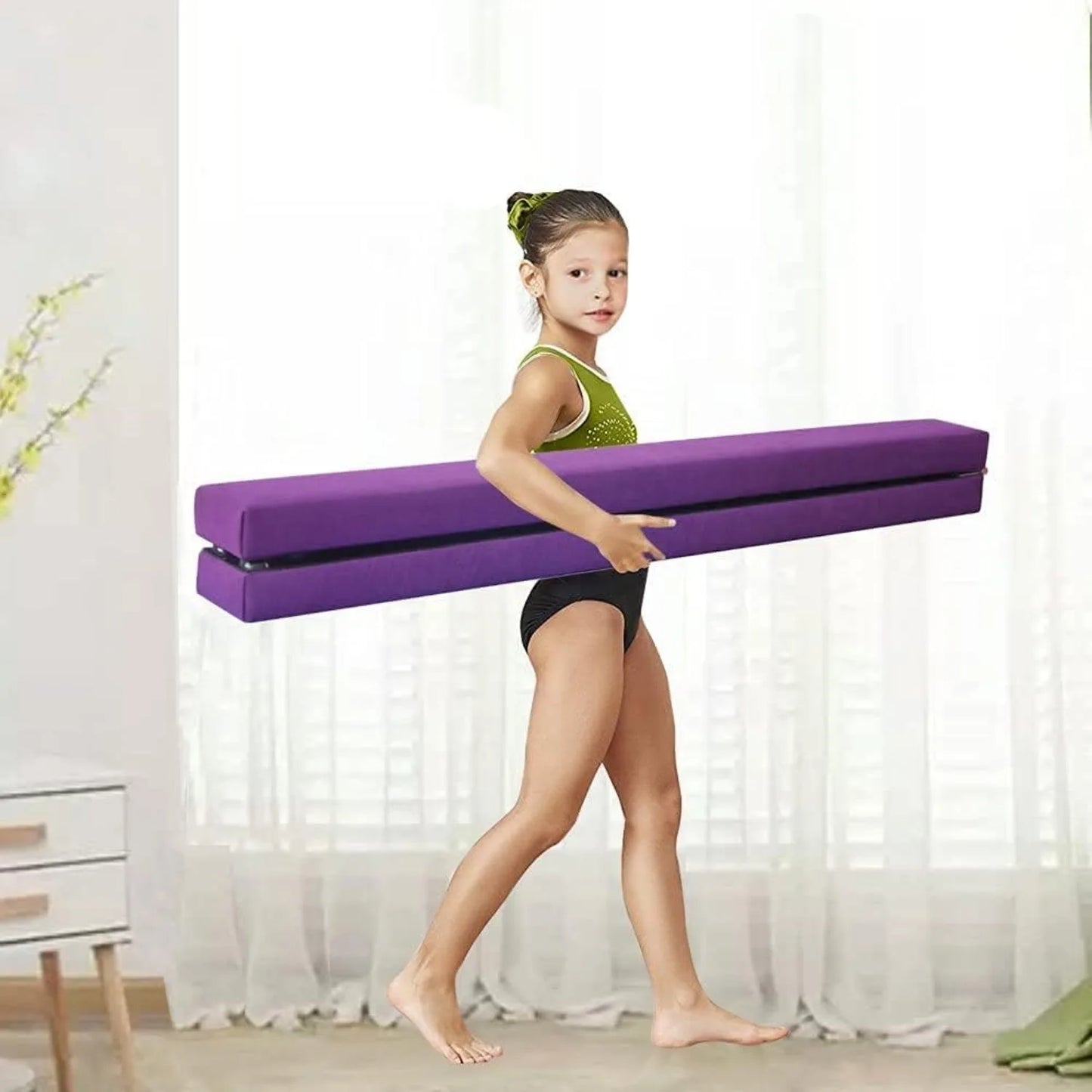 Folding Gymnastics Balance Beam 7FT Kids Training Beam Faux Suede for Home Gym Exercise