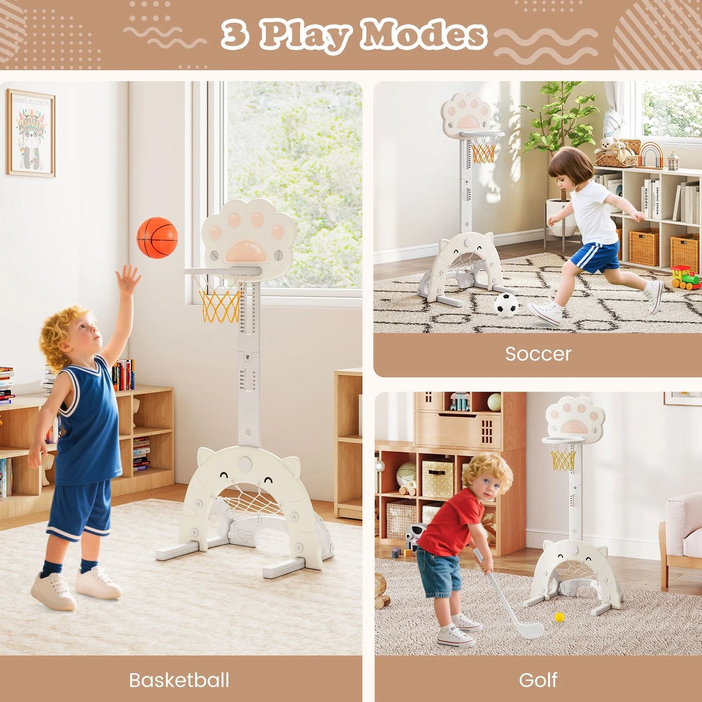Adjustable 3-in-1 Kids Sports Center with Basketball Hoop and Soccer Game