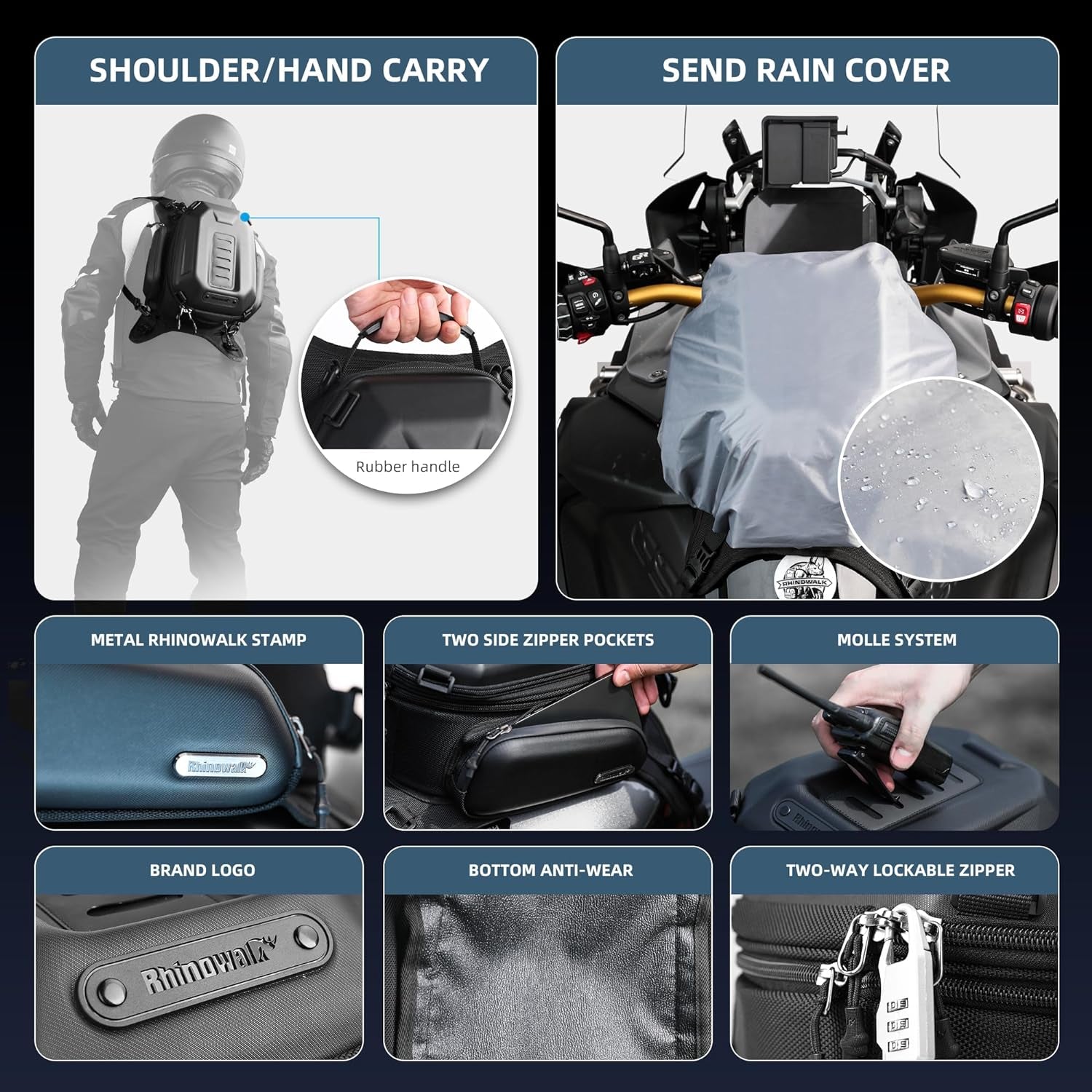 Hard Shell Motorcycle Tank Bag | Waterproof Expandable 15–18L Motorbike Seat & Tail Bag with Rain Cover & Backpack Straps – Carbon Black