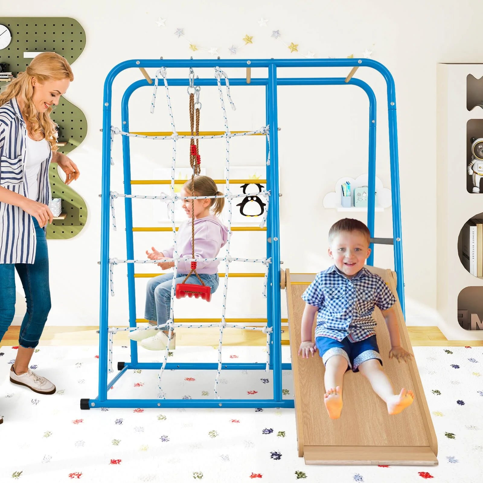 6-in-1 Indoor Jungle Gym Metal Climber with Slide, Swing & Monkey Bars | Kids Playset for Active Learning