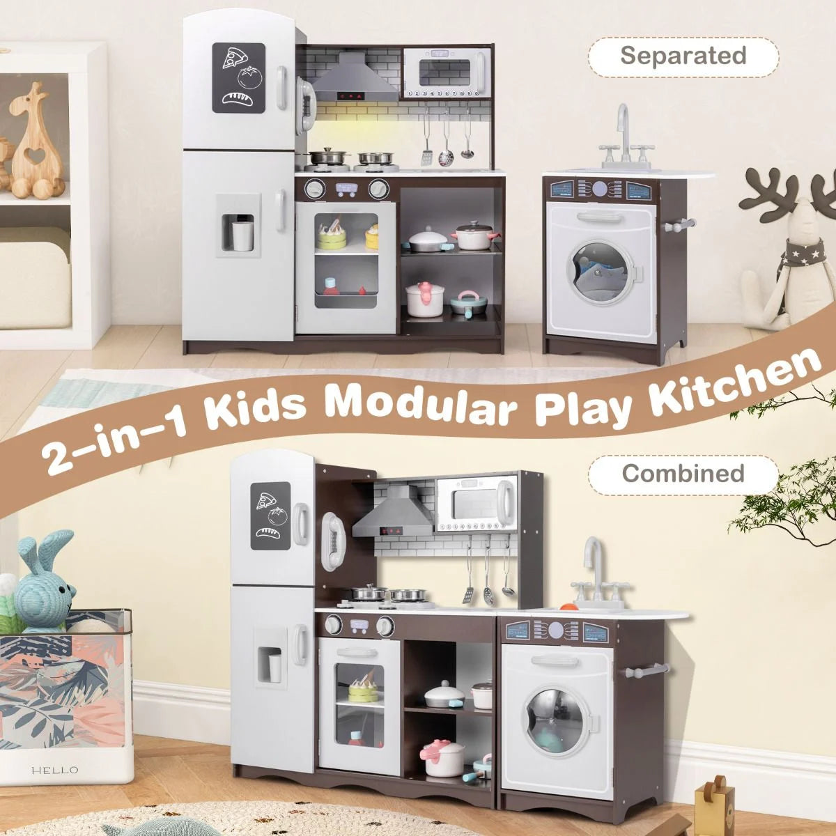 Deluxe Kids Wooden Kitchen Playset with Realistic Lights, Sounds & Ice Maker | Modern Pretend Cooking Station for Ages 3+