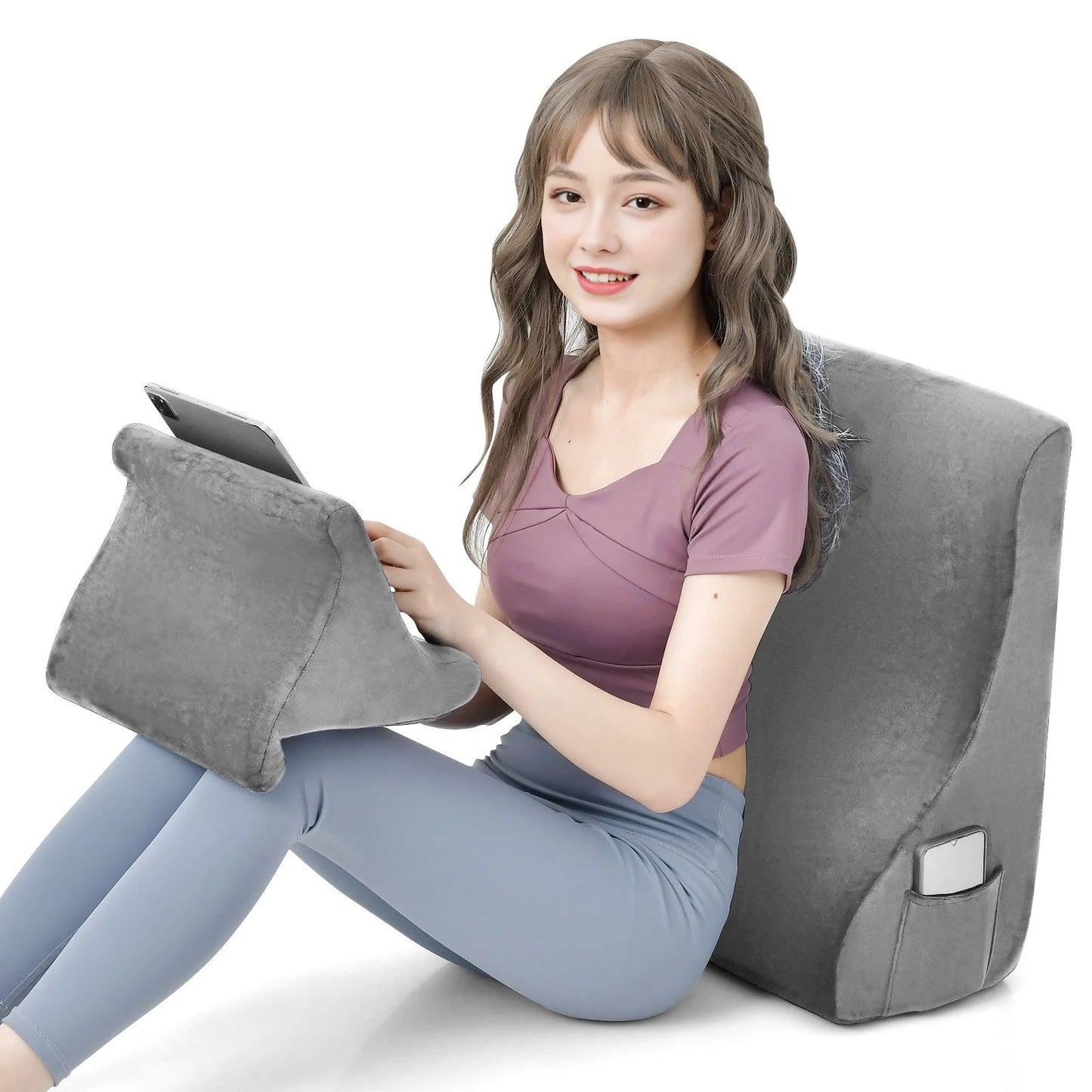 Wedge Pillow Set with Integrated Tablet Stand and Side Pockets