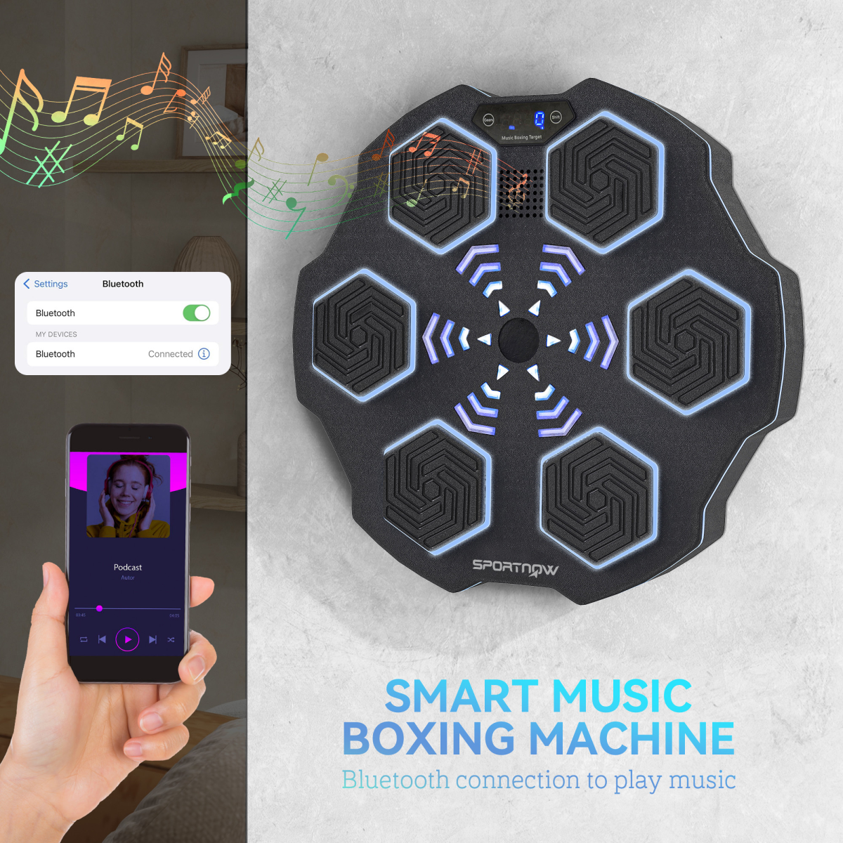 Music Boxing Machine with Bluetooth, LED Lights & Punch Tracking – Wall-Mounted Training Pad
