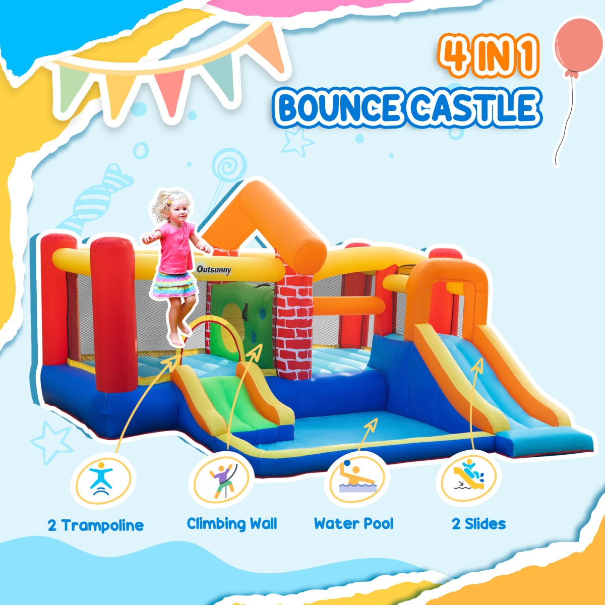 Kids Inflatable Bouncy Castle with Double Slides, Pool, Trampoline & Blower – Outdoor Fun Playhouse
