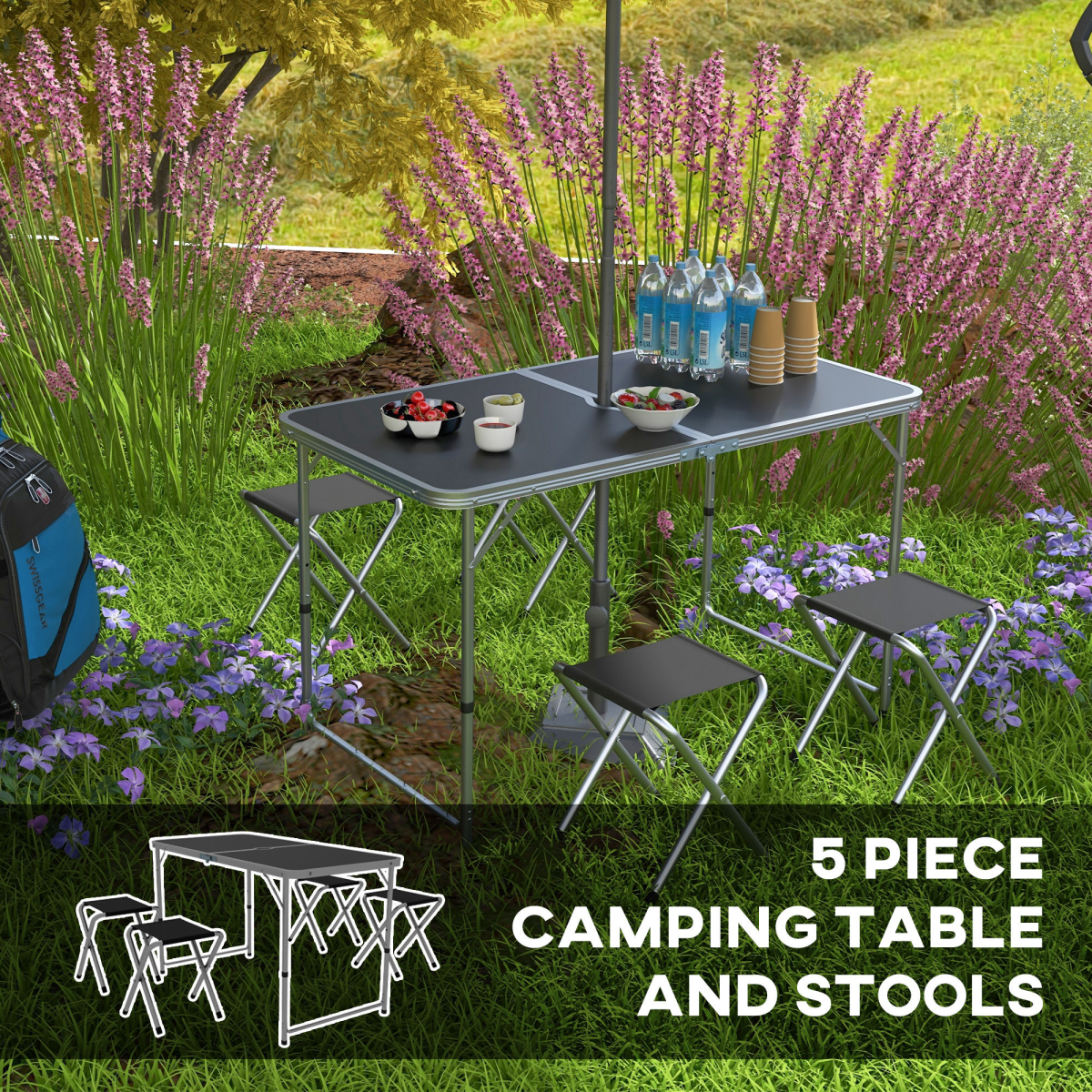 Folding Camping Table & 4 Chairs Set with Adjustable Height & Parasol Hole – Black