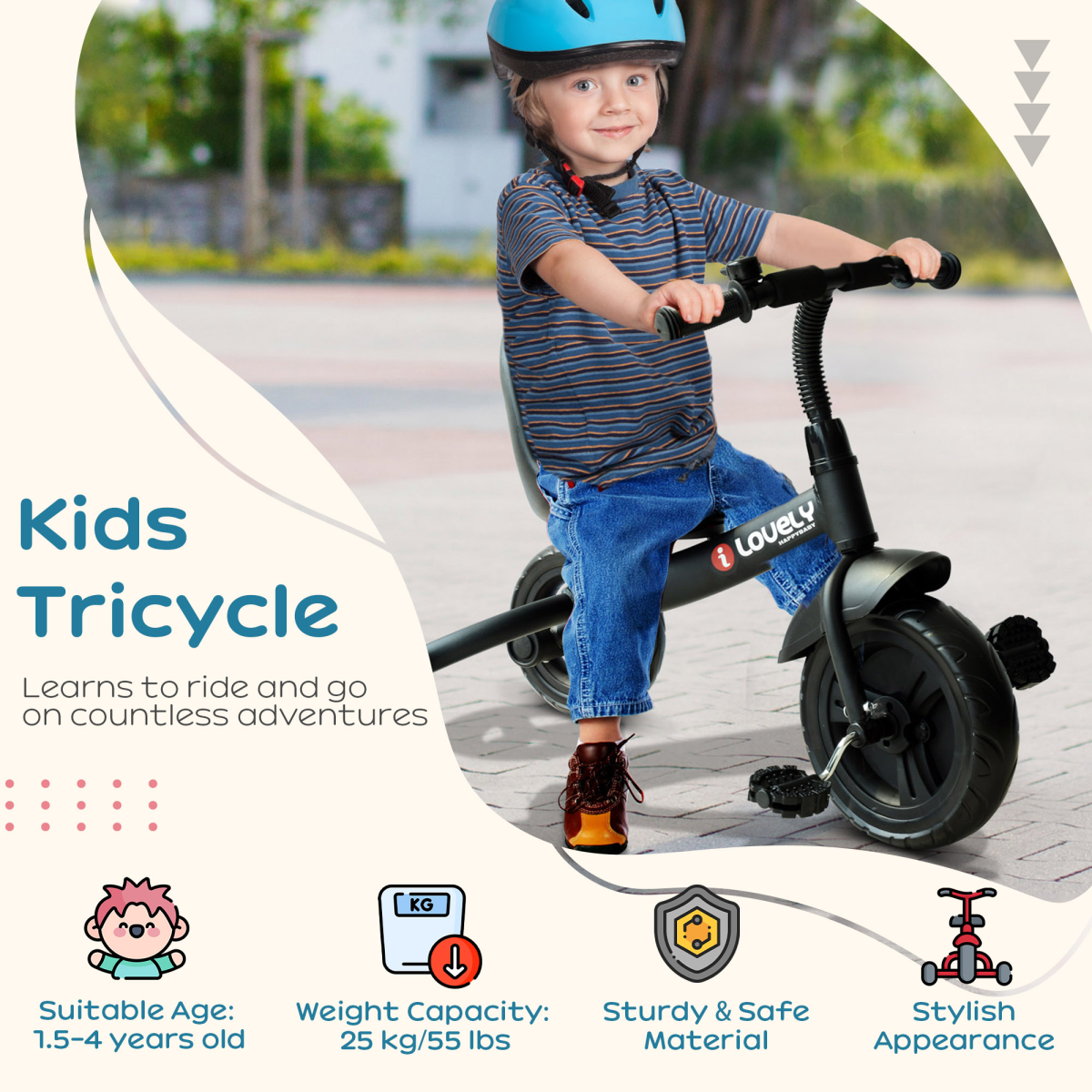 Toddler Tricycle Ride-On Trike with Adjustable Seat & Bell – 3-Wheel Kids Bike 18+ months  (Black)